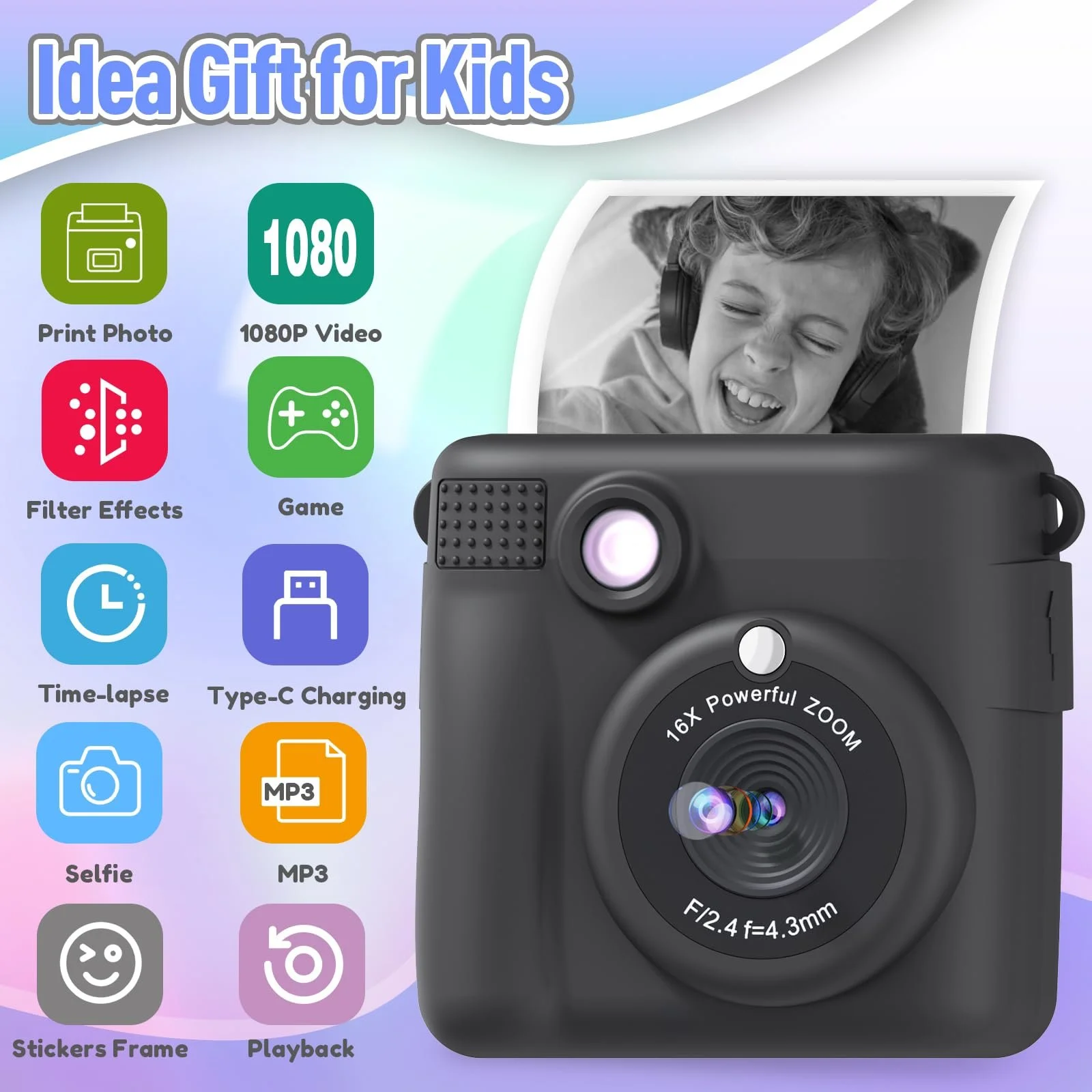 Фотокамера мгновенной печати Kids Camera 1080P 2.4 дюйма 32GB SD 3 рулона бумаги, фото №2