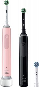 Електрична зубна щітка Oral-B Pro 3 3900, подвійна упаковка, три режими чищення, контроль тиску 360°, чорний, рожевий synthetic.ua - Фото 1