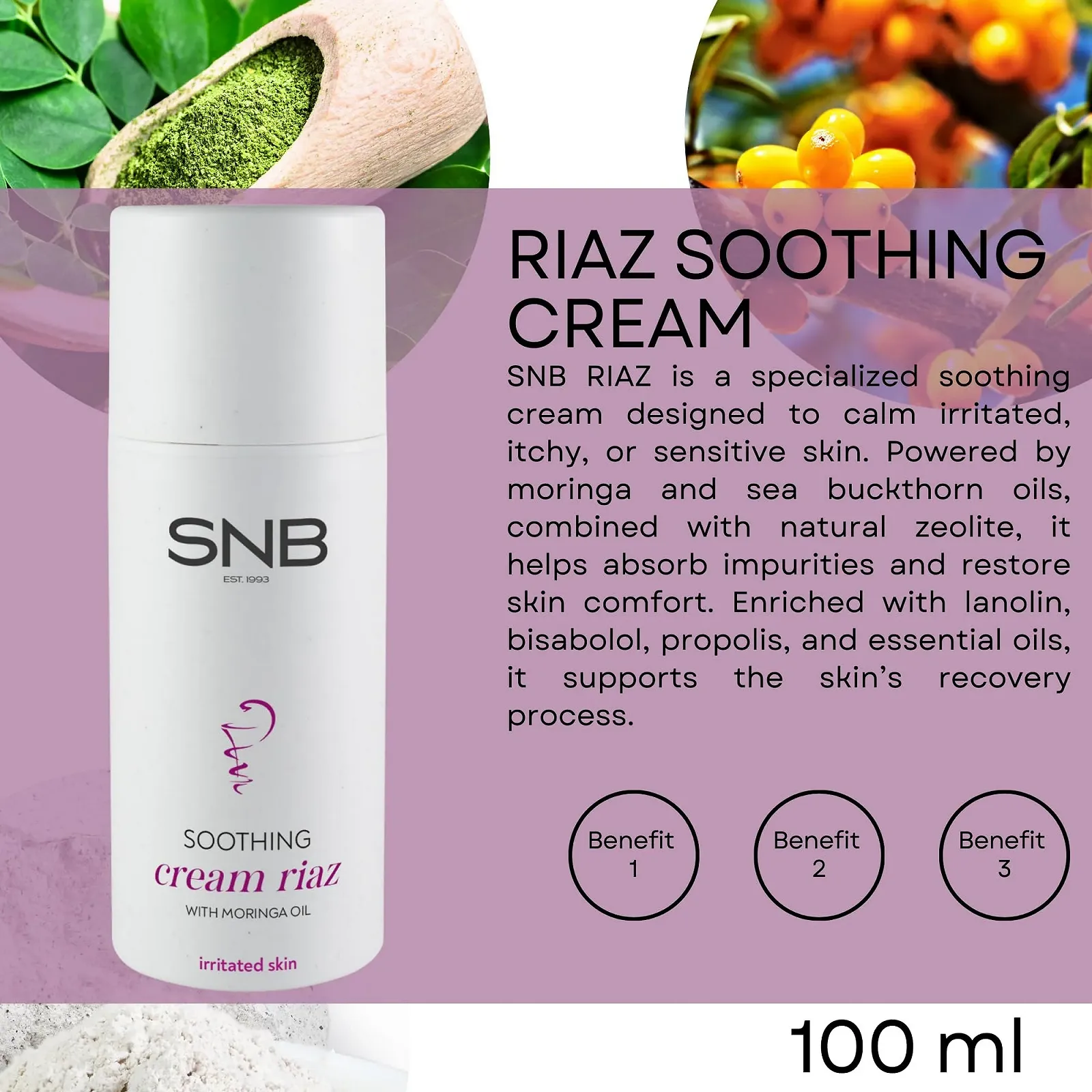 Заспокійливий крем SNB Professional RIAZ 100 з олією морінги та цеолітом 85% натуральних інгредієнтів, фото №2 Заспокійливий крем SNB Professional RIAZ 100 з олією морінги та цеолітом 85% натуральних інгредієнтів, фото №2