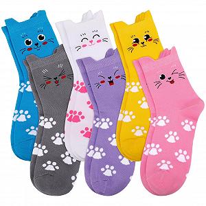 Женские Носки с Котами, EU 39-42, Хлопковые Носки с Забавными Животными для Женщин, Комплект 6 пар - Фото 1
