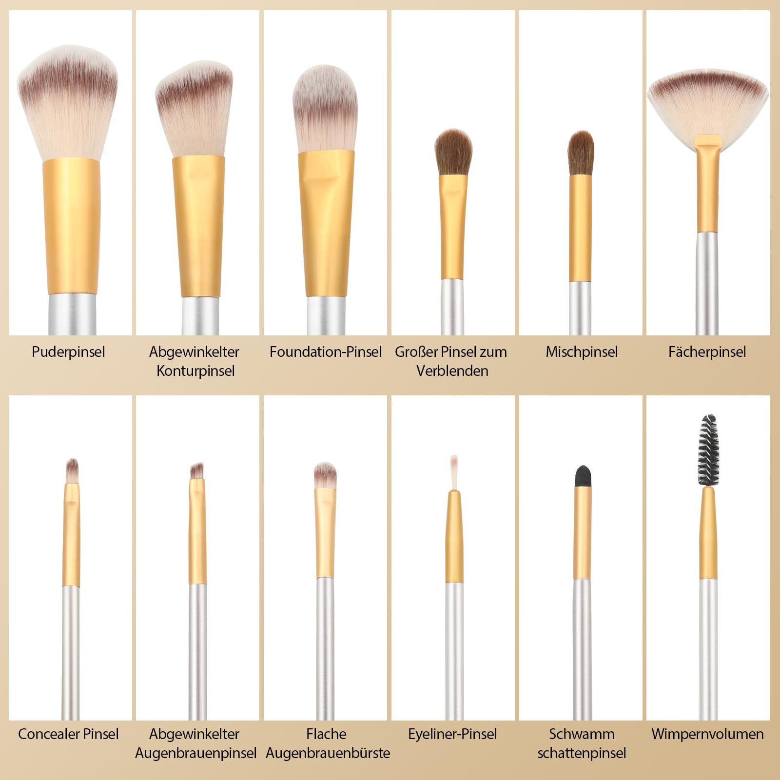 Набір пензликів ZOCONE Professional 12 штук для макіяжу з очищувальним яйцем і спонжем у бежевому чохлі, фото №2