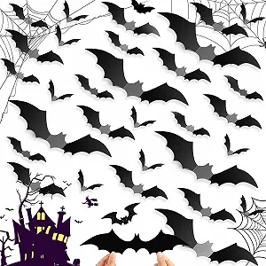 Настінні наклейки 72 шт. Halloween Hanging Bat 3D DIY Чорні 14 x 15,5 см - Фото 1