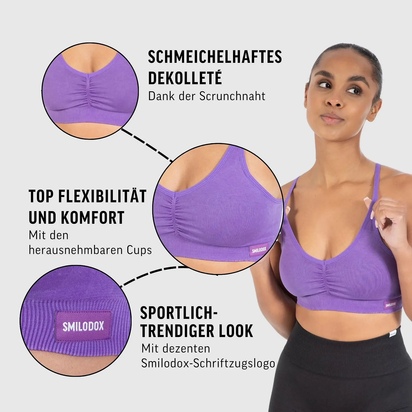 Спортивный бюстгальтер-топ SMILODOX Batik Scrunch Icon Shaped Fit непрозрачный пуш-ап V-образный вырез без косточек съемные чашки регулируемые бретели, фото №5