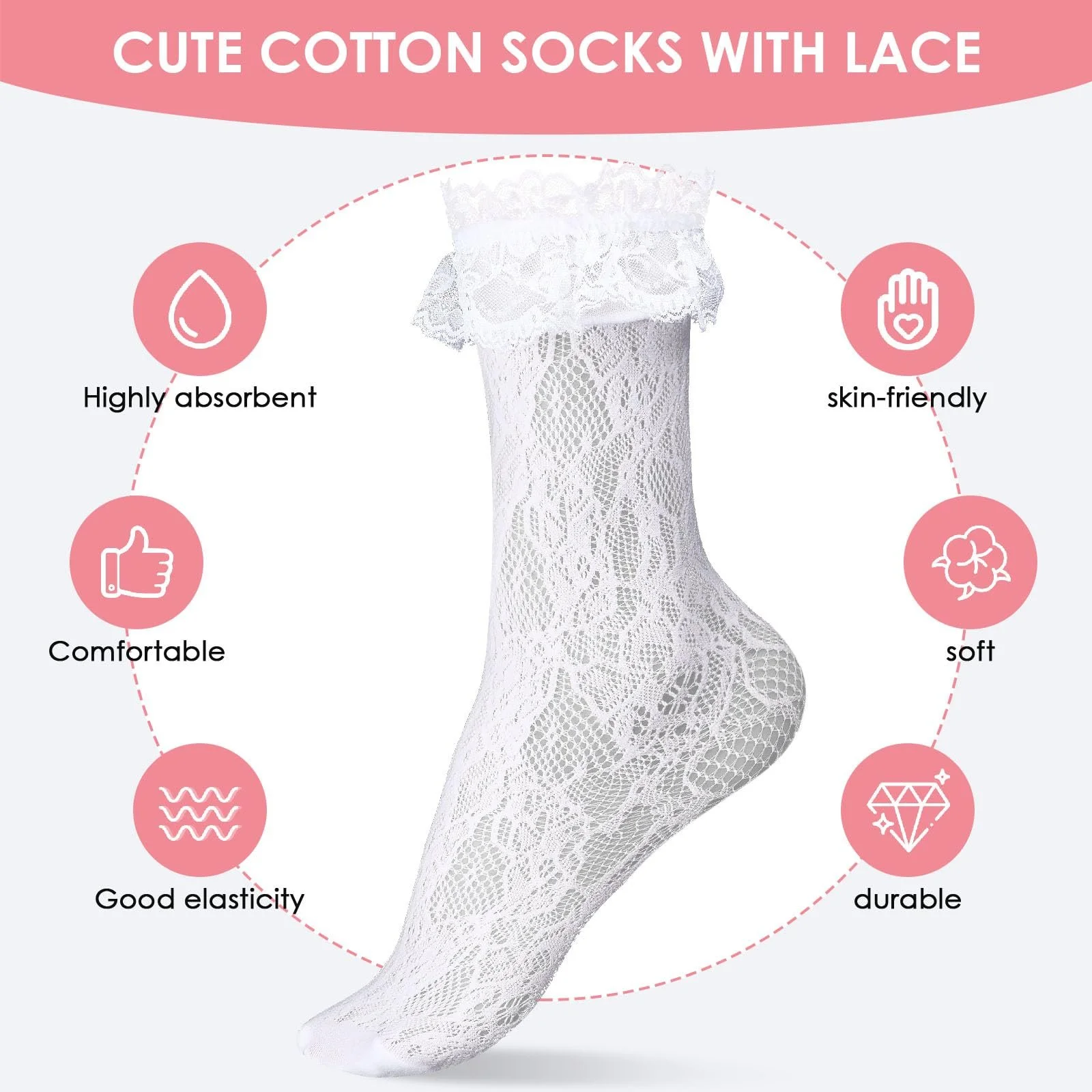 Женские носки с кружевом и рюшами Black + White, чёрный, белый, One size fits all, фото №2