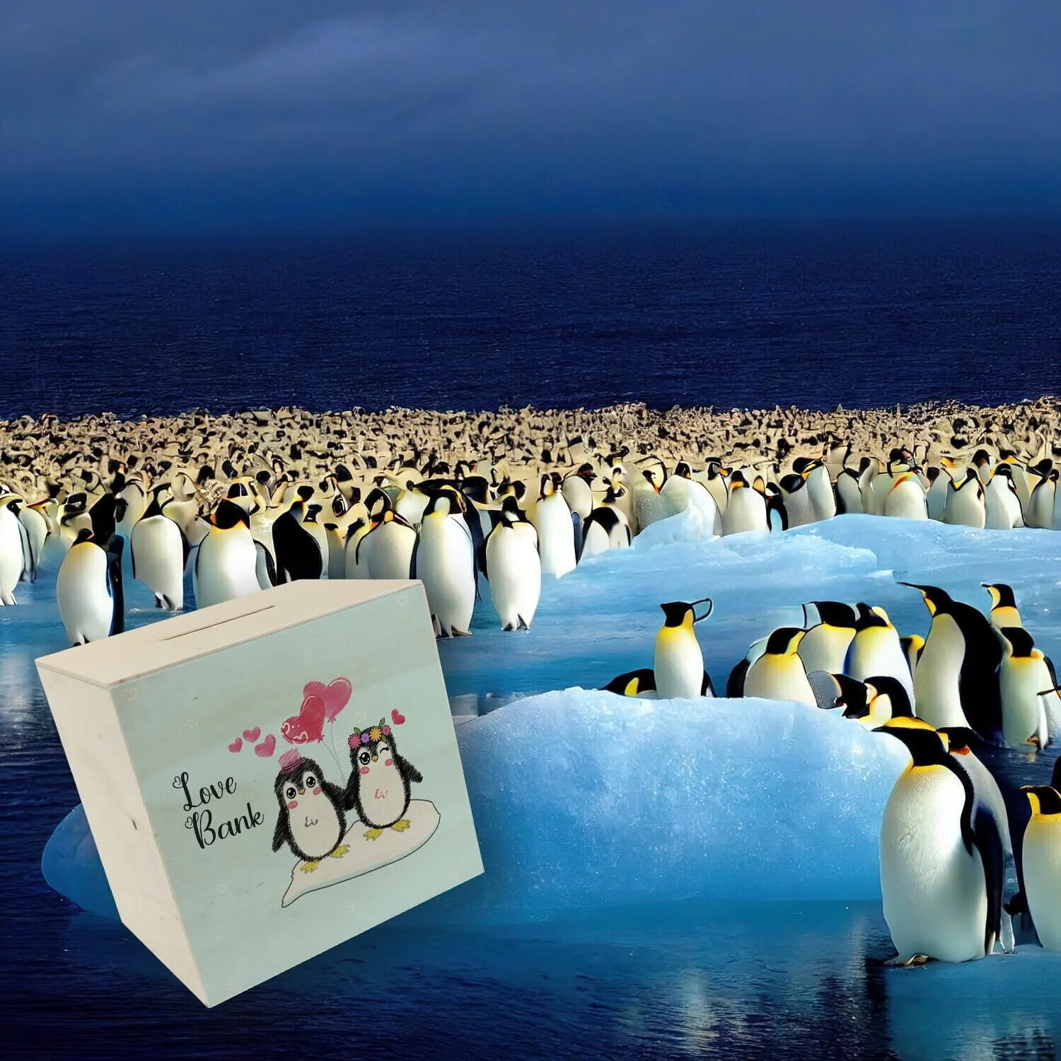 Скарбничка Penguin Love Bank Пінгвіни дерев'яна з пластиковою пробкою, фото №6