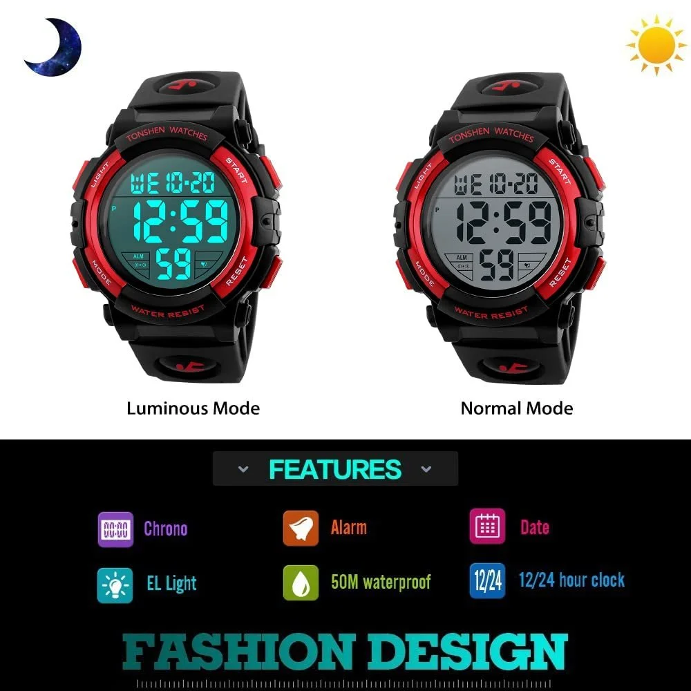 Цифровые спортивные LED часы TONSHEN для мужчин, водонепроницаемые, военные, время 12/24 ч, электронные с большими цифрами, армейские часы, пластиковый корпус с резиновым ремешком, секундомер, дата, будильник, подсветка - Красный, фото №3 Цифровые спортивные LED часы TONSHEN для мужчин, водонепроницаемые, военные, время 12/24 ч, электронные с большими цифрами, армейские часы, пластиковый корпус с резиновым ремешком, секундомер, дата, будильник, подсветка - Красный, фото №3
