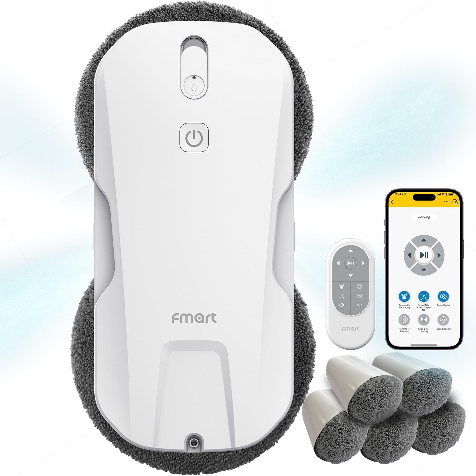 Робот для мытья окон Fmart T11 с автоматической системой распыления на четыре стороны, тройной системой безопасности, интеллектуальной навигацией, дистанционным управлением, для всех гладких поверхностей, с 10 салфетками, фото №1
