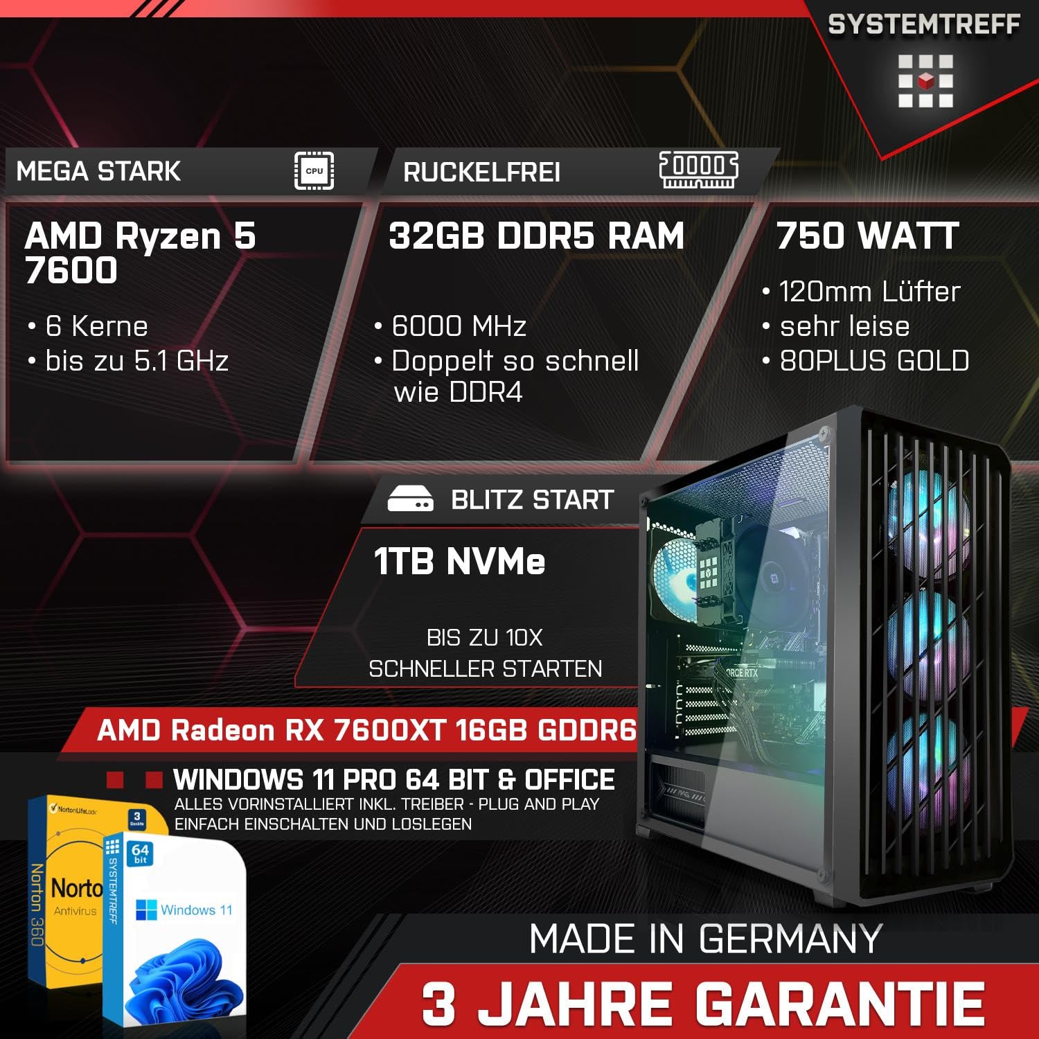 Комплект ПК SYSTEMTREFF Gaming AMD Ryzen 5 7600 6x5.1GHz AMD Radeon RX 7600XT 16GB DX12 1TB M.2 NVMe 32GB DDR5 RAM WLAN для геймеров, фото №2