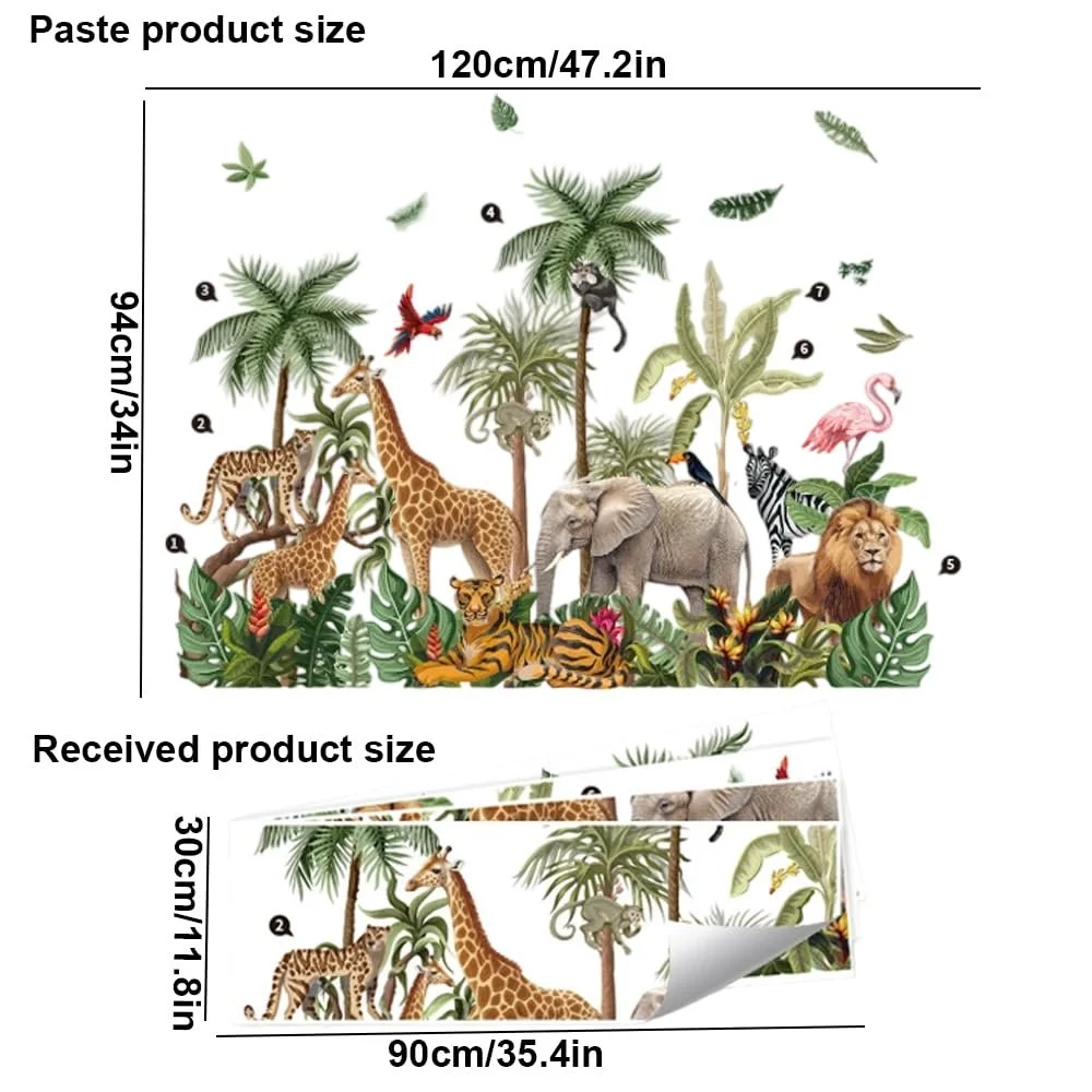 Наклейка на стіну milaosk Animals of the Rainforest Jungle Giraffe Elephant Lion Tiger Leaves велика, фото №2