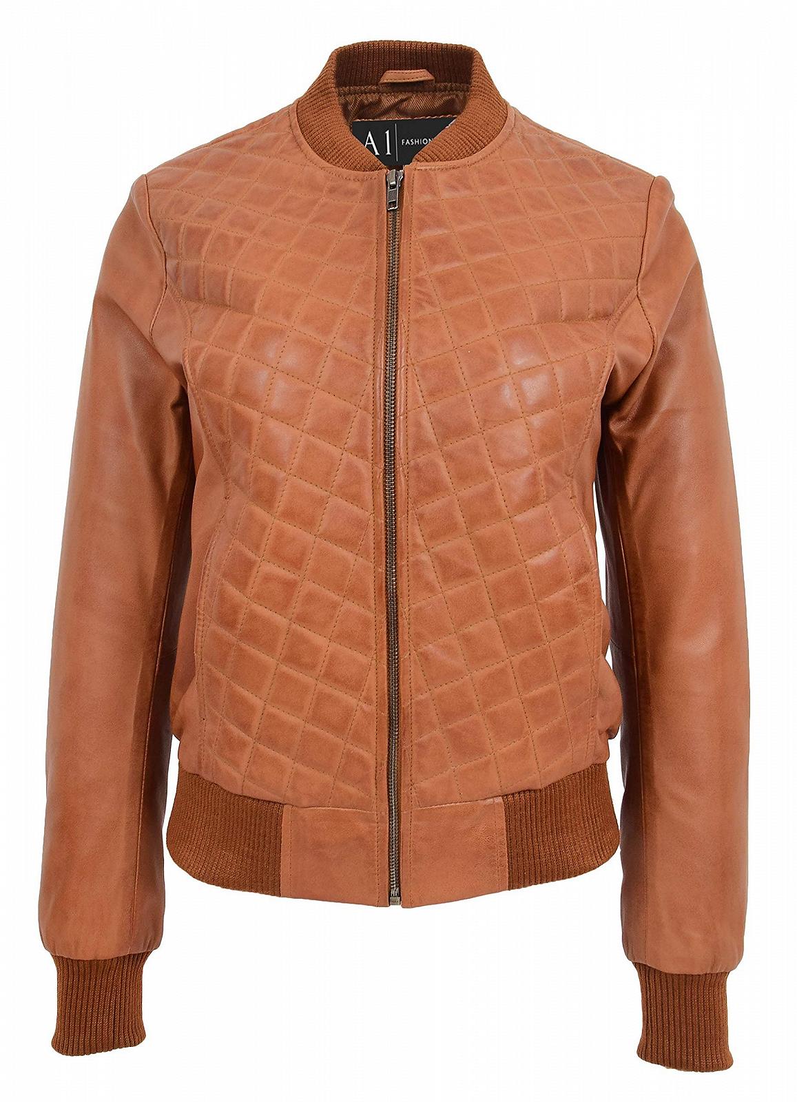 Бомбер из кожи A1 FASHION GOODS Varsity Storm Женская Светло-коричневая ромбовидная стеганая, фото №5