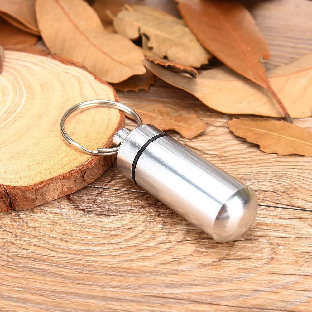 Футляр для таблеток кишеньковий, малий, водонепроникний, міні, алюмінієвий, з брелоком для ключів, для ліків, для подорожей, кемпінгу та активного відпочинку, фото №2