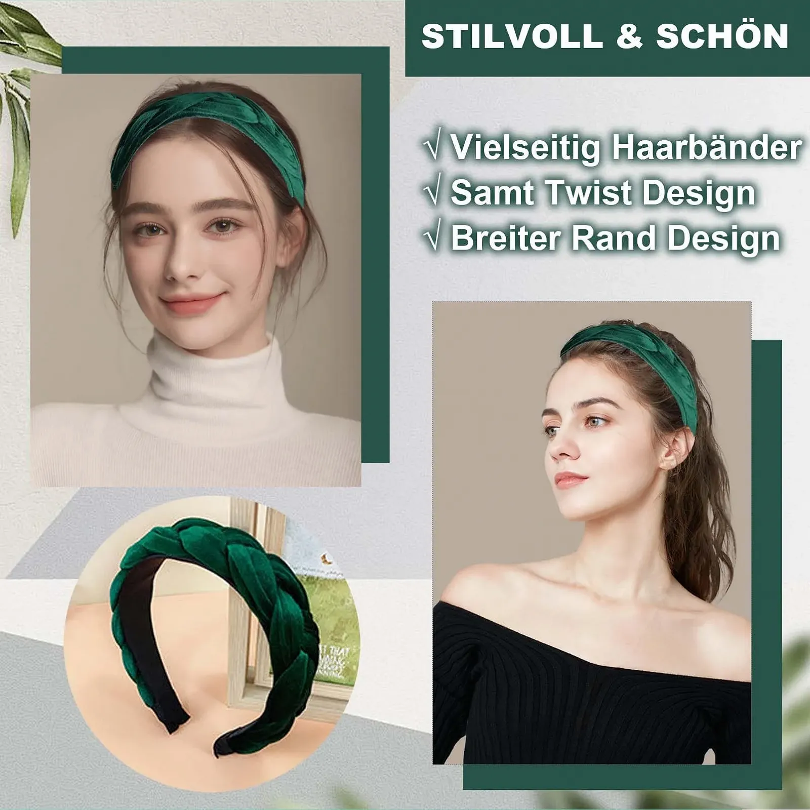 Обруч Оксамитовий плетений в стилі ретро Зелений, фото №2