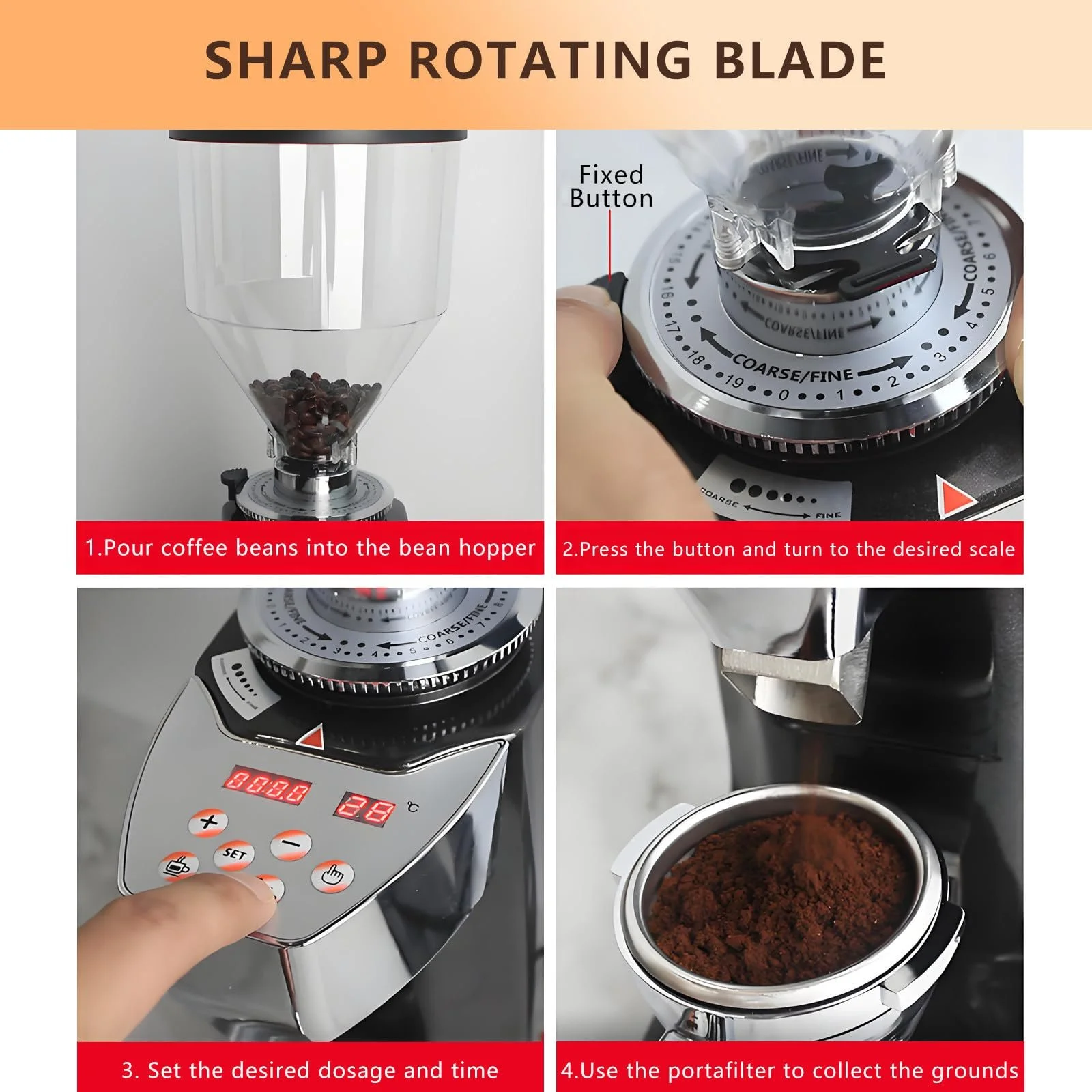 Електрична кавомолка Red з 19 налаштуваннями помелу, регулюванням на одну/дві чашки, дисплеєм температури та таймером, фото №7