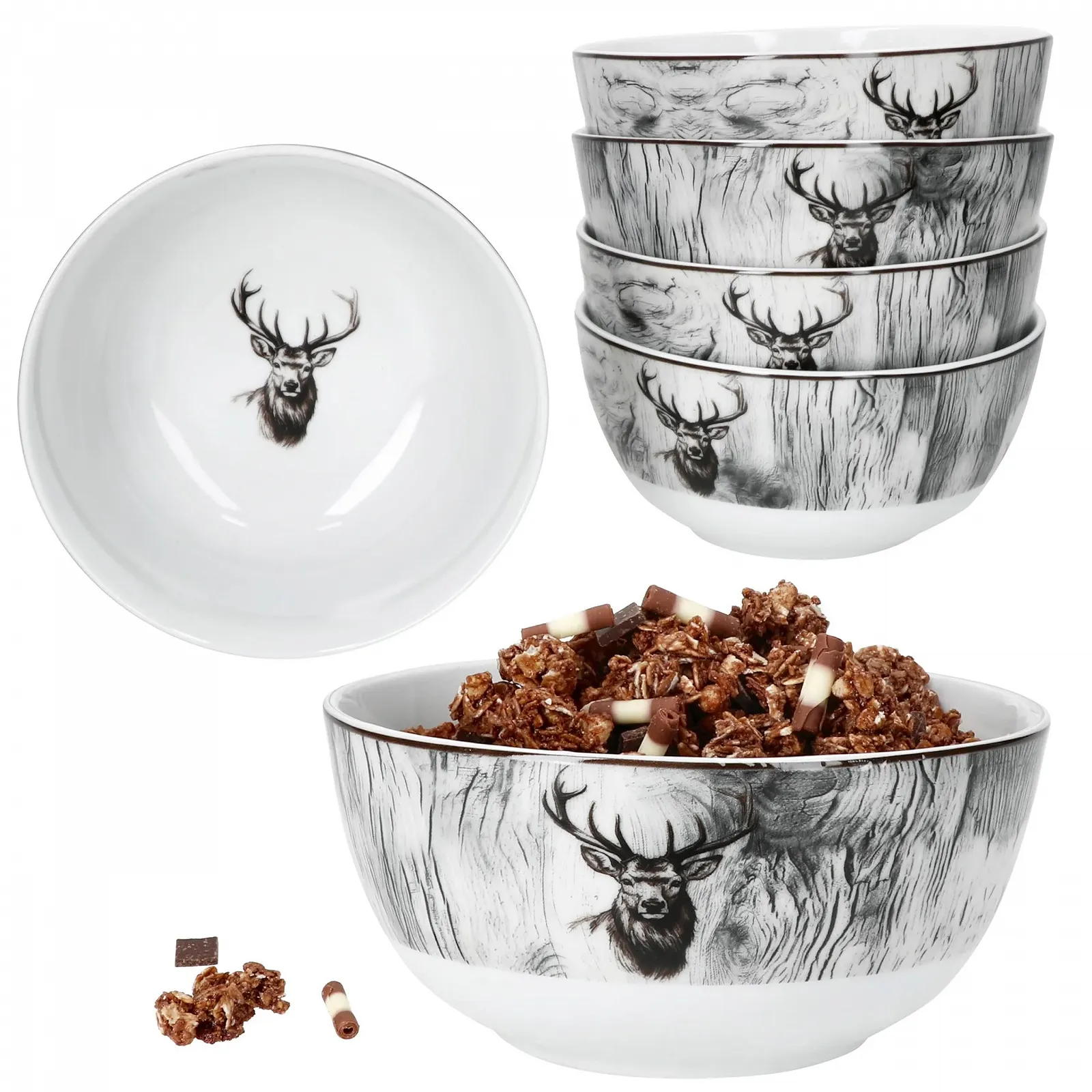 Миска MamboCat Alois 14.2 см, 480 мл, набор 6 шт, фарфоровая миска с оленями для 6 человек, фото №1