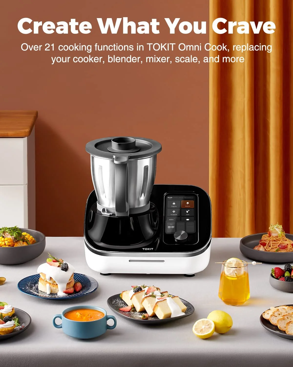 Процессор-робот TOKIT Omni Cook All-in-1 с 21 кулинарной функцией, встроенным сенсорным экраном 18 см, пошаговыми рецептами, предварительной очисткой, измельчением, соковыжиманием, смешиванием, взвешиванием, Sous Vide, дроблением льда и др., фото №3