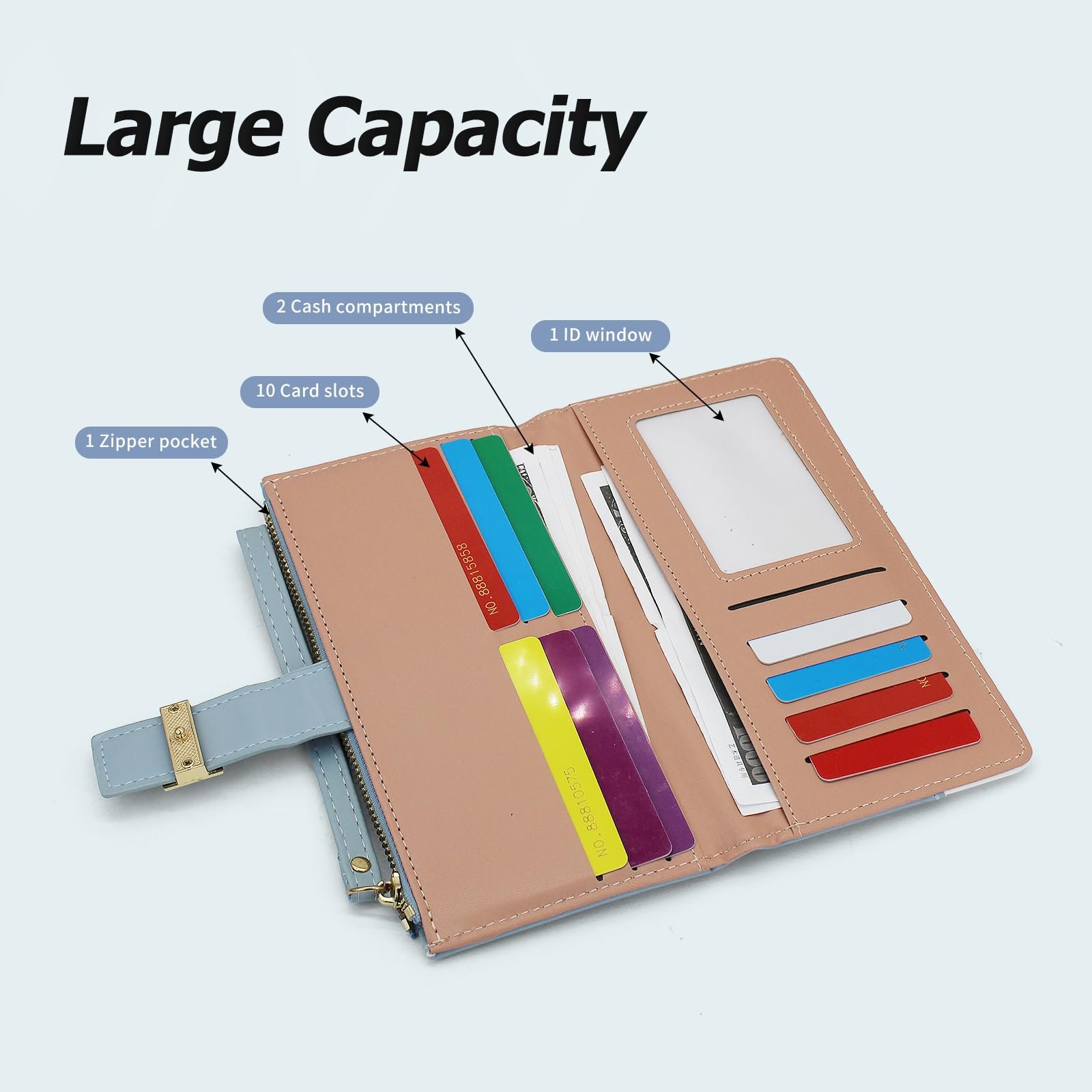 Кошелек Bifold AdiStylinno Женский Искусственная кожа PU Большой Вместимости Длинный Кошелек Тонкий Держатель для Карт на Молнии с Множеством Отделений для Карт и Ремешком на Запястье, синий, Modern, фото №2