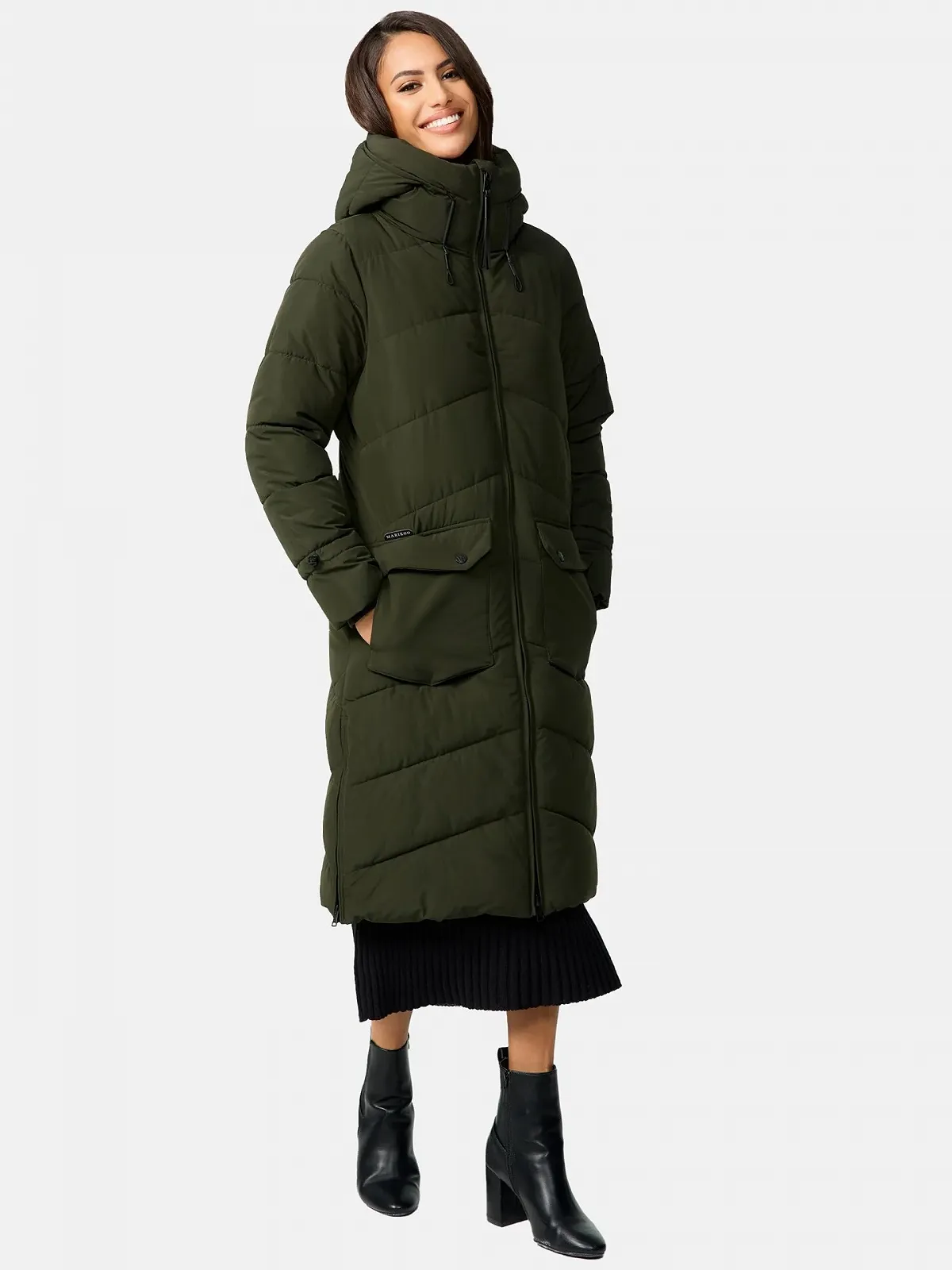Пальто зимнее MARIKOO Tomomii XVI Женское Теплое стеганое Длинное с капюшоном и разрезами, фото №9