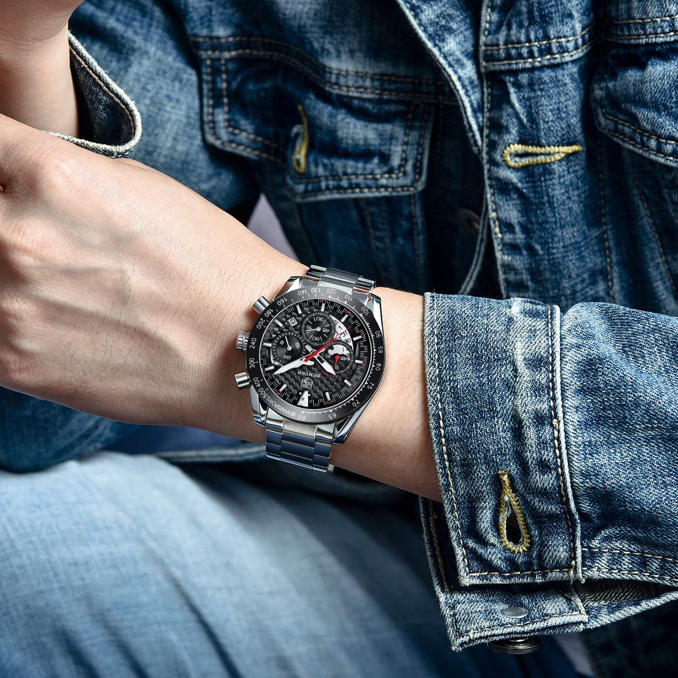 Мужские часы Benyar Quartz Кожаный ремешок Черный Хронограф, фото №2 Мужские часы Benyar Quartz Кожаный ремешок Черный Хронограф, фото №2