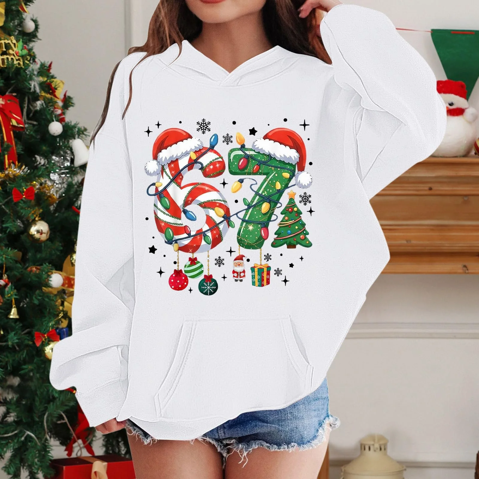 Худи для девочки с цифровым принтом, длинными рукавами и передним карманом, теплый флисовый верх для осени и зимы, фото №3