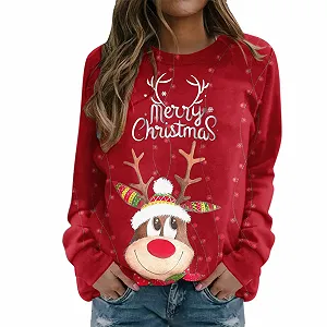 Рождественский Джемпер Женский Merry Christmas Толстовка Забавный Rudolph Reindeer Принт Хлопок Рождественский Принт Футболка Рождественский Xmas Джемпер Повседневный Рождественский Джемпер Девочки-подростки - Фото 1