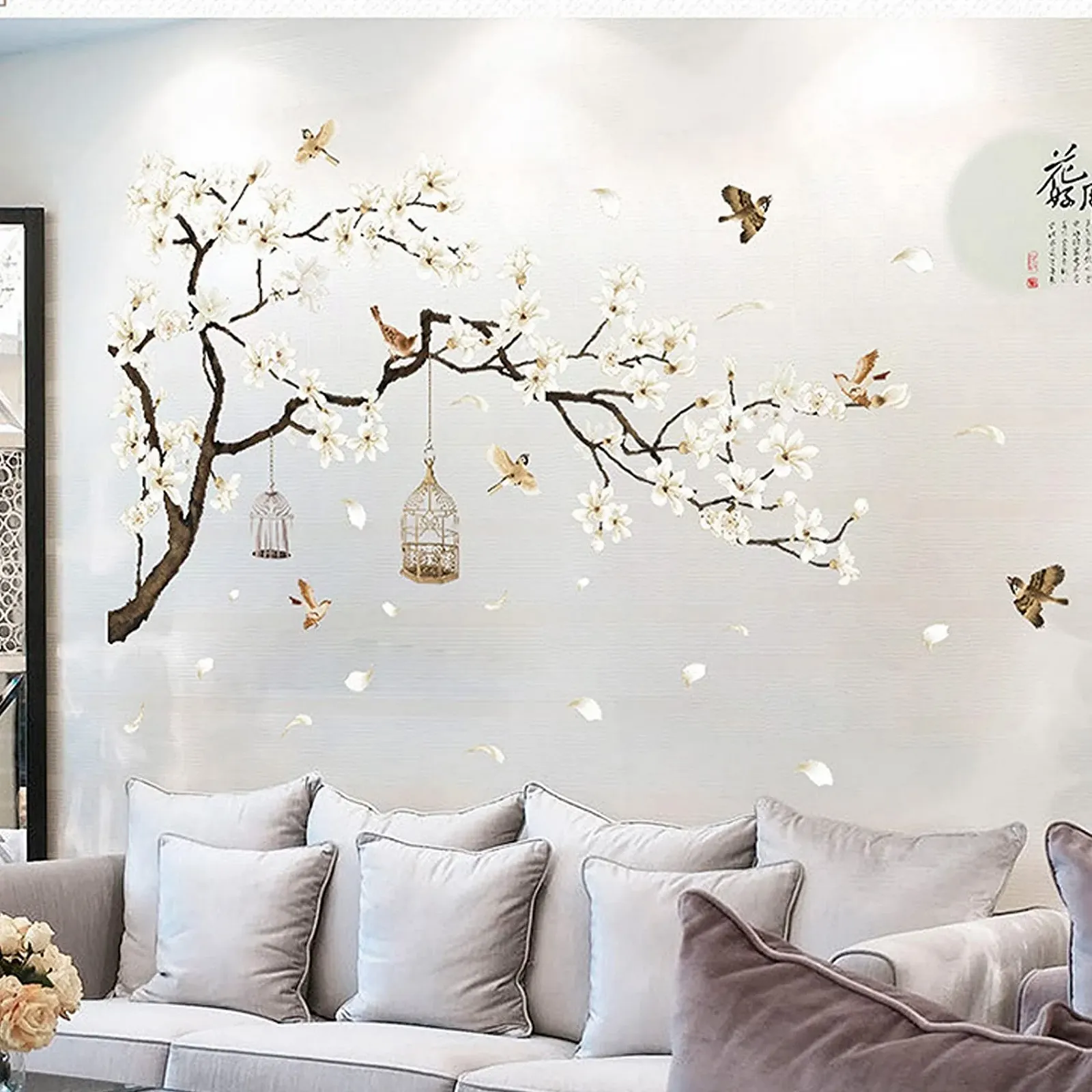 Наклейки на стіну HANLONGYU Квіти Дерево Птахи 127 x 188 см Білий, фото №6
