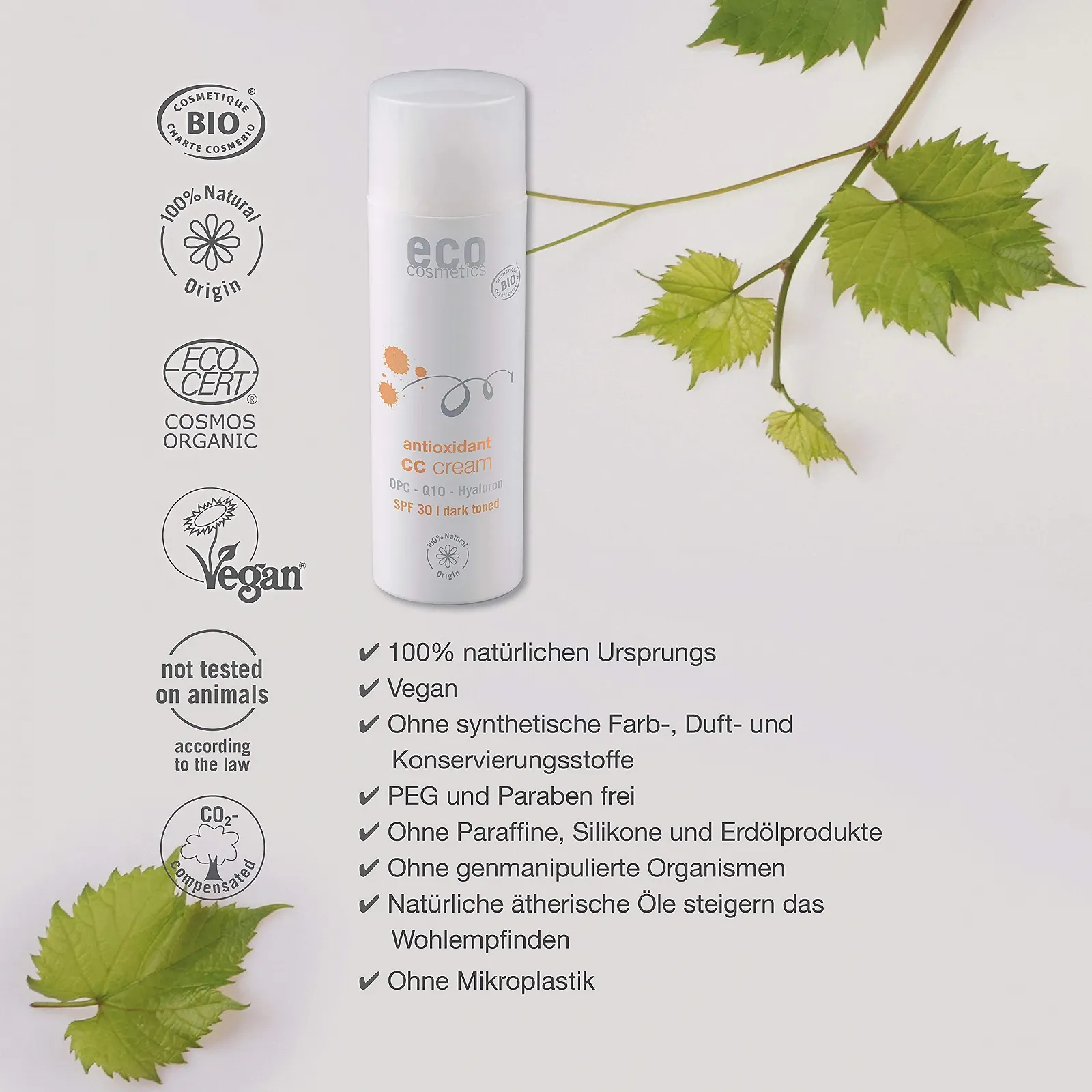 CC-крем eco cosmetics Bio Tinted Dark OPC Q10 Гіалуронова кислота SPF 30 50 мл, фото №2 CC-крем eco cosmetics Bio Tinted Dark OPC Q10 Гіалуронова кислота SPF 30 50 мл, фото №2