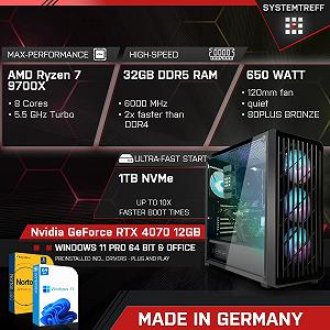 Комп'ютер SYSTEMTREFF High-End Gaming PC AMD Ryzen 7 9700X 8x5.5GHz Nvidia RTX 4070 12GB DX12 1TB M.2 NVMe 32GB DDR5 RAM WLAN настільний для геймерів synthetic.ua - Фото 1