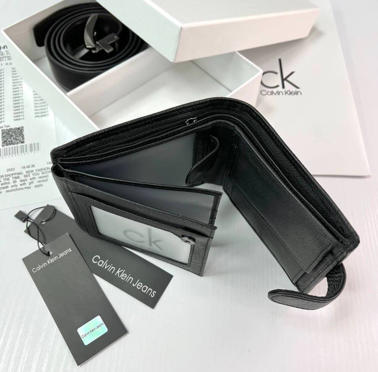 Мужской подарочный набор Calvin Klein черный кожаный ремень и кошелек на застежке, фото №4