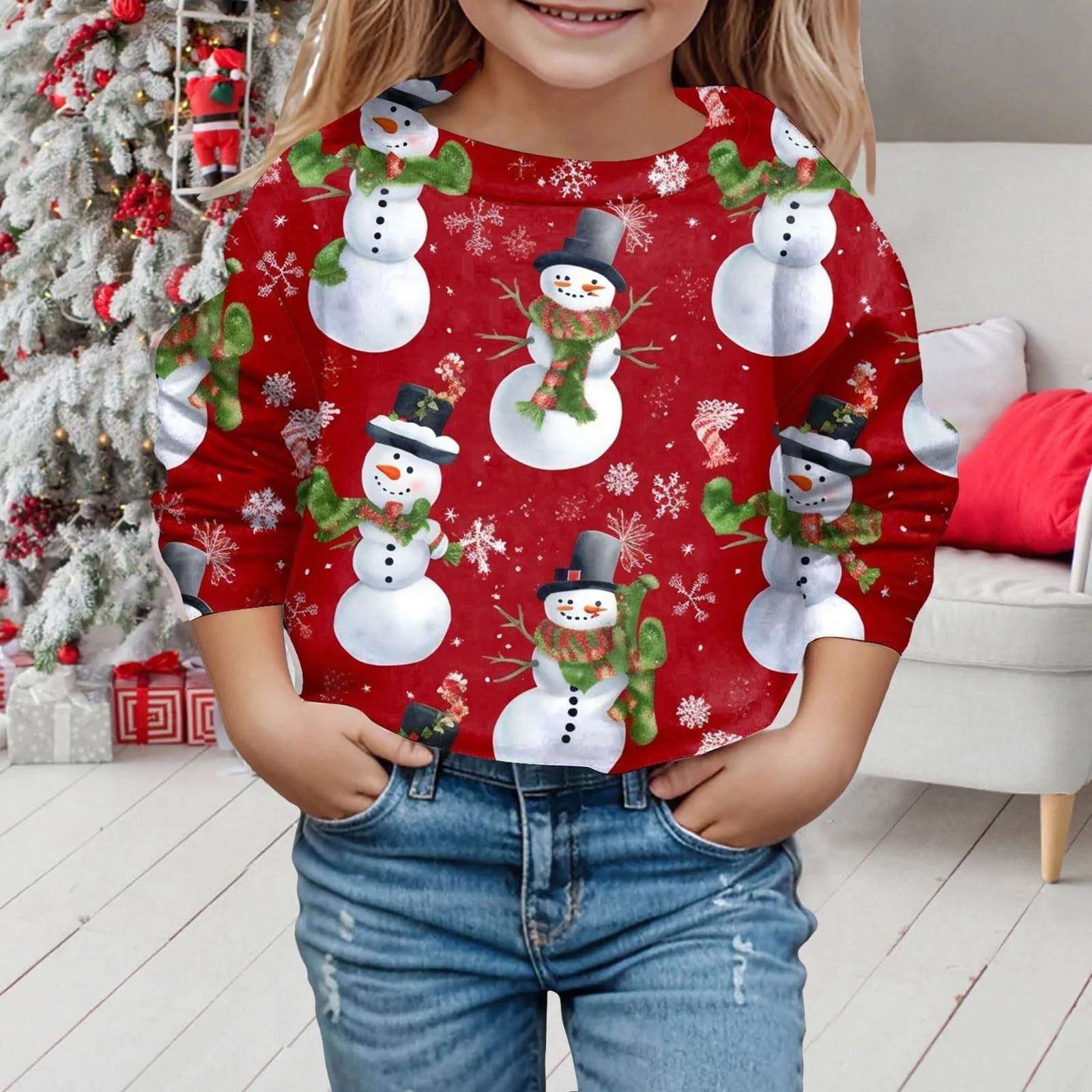 Пуловер 158 для мальчиков - Детская мода, рождественский милый принт, круглый вырез, худи с длинными рукавами, фото №3