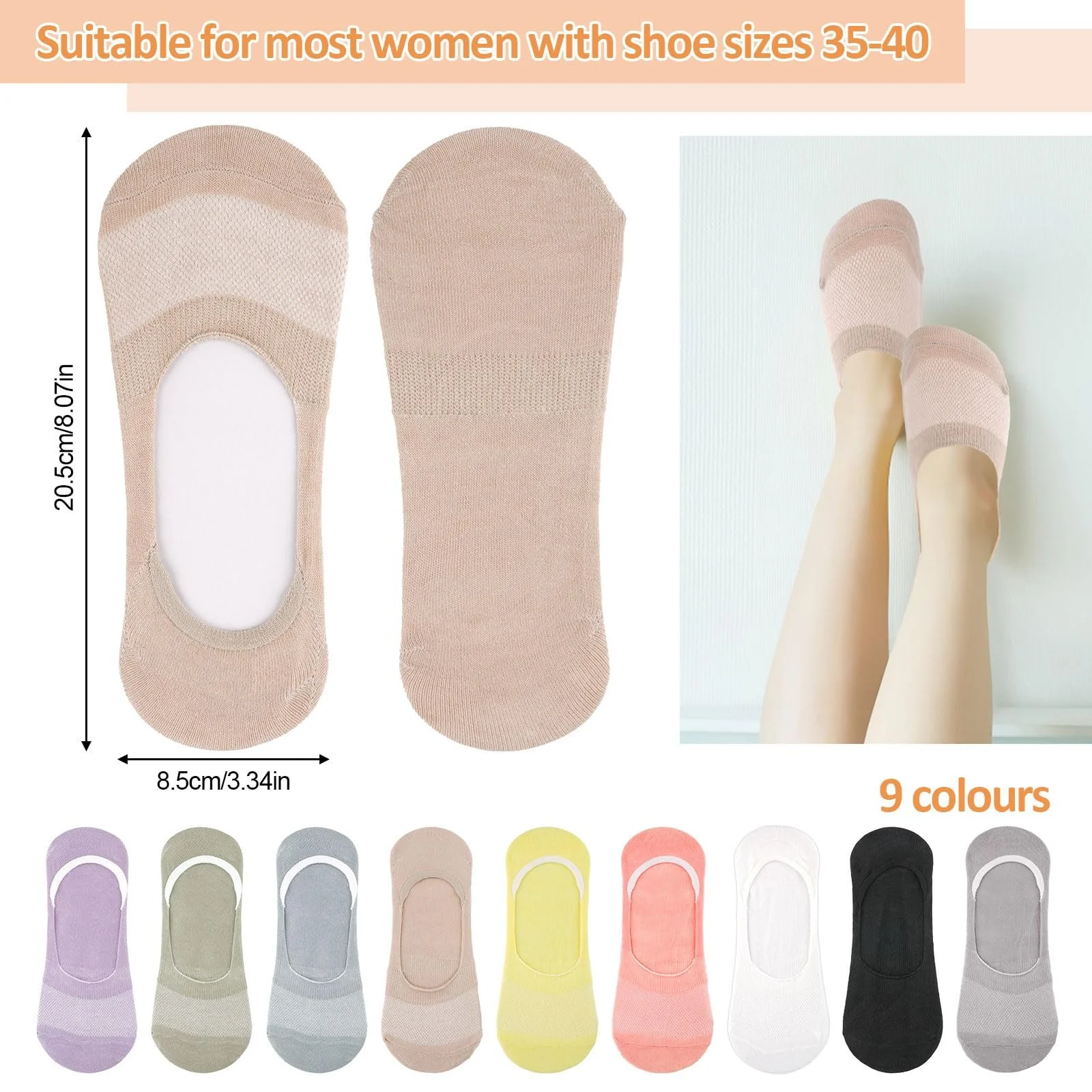 Носки Hopton 9 пар женские, 35-40, разноцветные носки для тренировок, невидимые дышащие носки-балетки с нескользящим силиконом для лоферов, туфель на плоской подошве, кроссовок, черный, белый, синий, желтый, хаки, фото №2