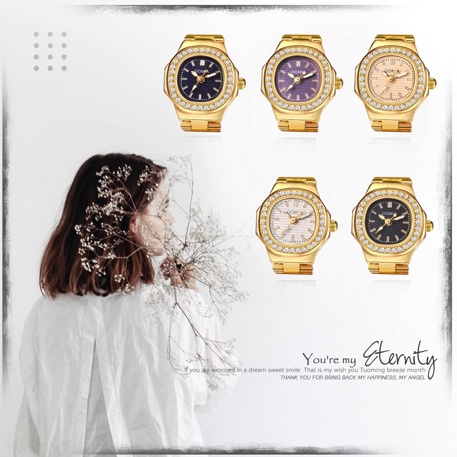 Кольцо-часы JewelryWe Квадратные Аналоговые с регулировкой Металлические для женщин Блестящие со стразами Черный циферблат, фото №3