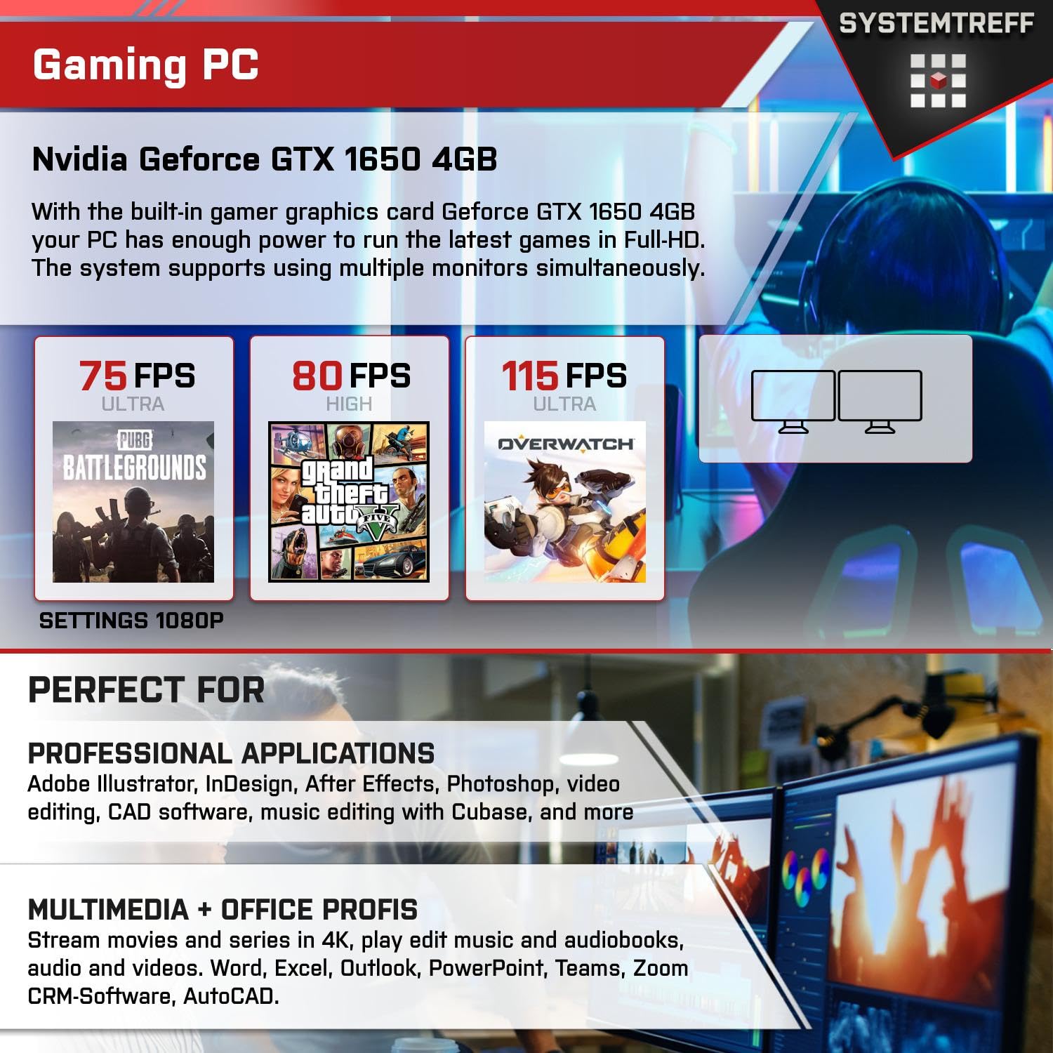 Комп'ютер SYSTEMTREFF Basic Gaming PC AMD Ryzen 5 5500 6x4.2GHz Nvidia Geforce GTX 1650 4GB DX12 512GB M.2 NVMe 16GB DDR4 RAM WLAN настільний, фото №5