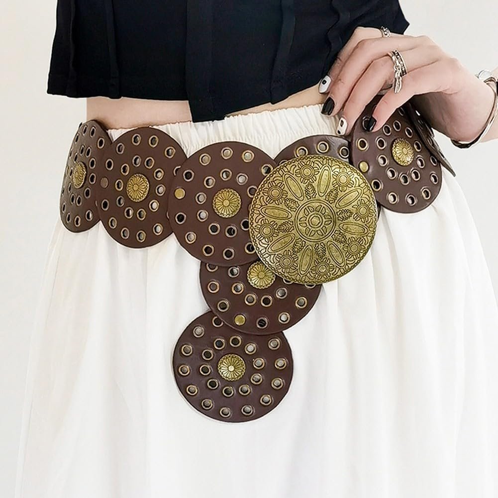 Ремень женский Oyccen Hollow Round Винтажный Западный Дисковый Ремень Boho Широкий для платьев Брюк Юбок, фото №7