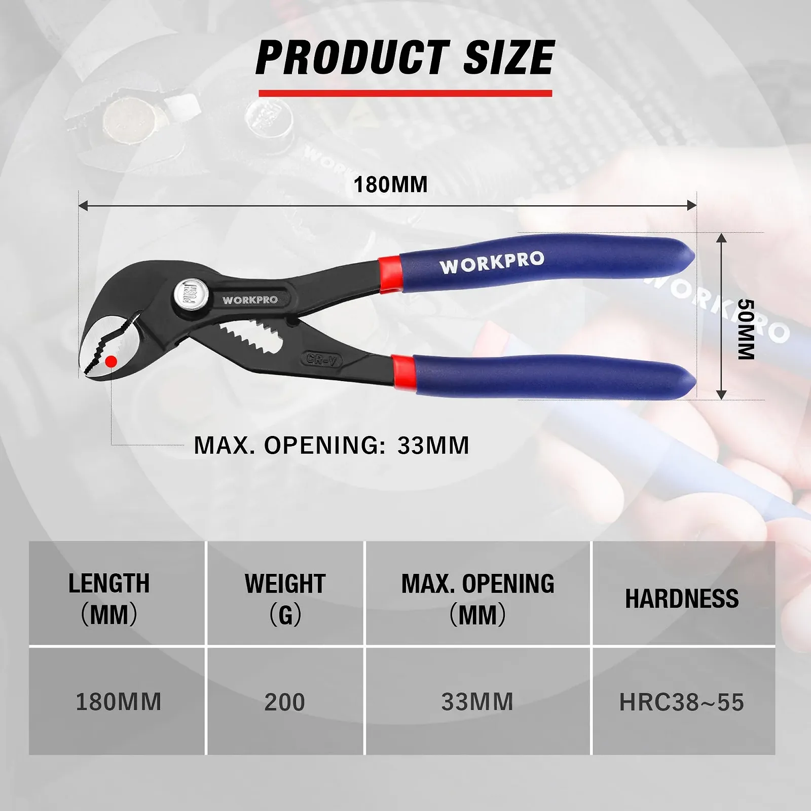 Водяные плоскогубцы WORKPRO Professional 180 мм Cr-V сталь Регулируемый быстросъемный механизм с пазом Макс. открытие 33 мм, фото №3 Водяные плоскогубцы WORKPRO Professional 180 мм Cr-V сталь Регулируемый быстросъемный механизм с пазом Макс. открытие 33 мм, фото №3