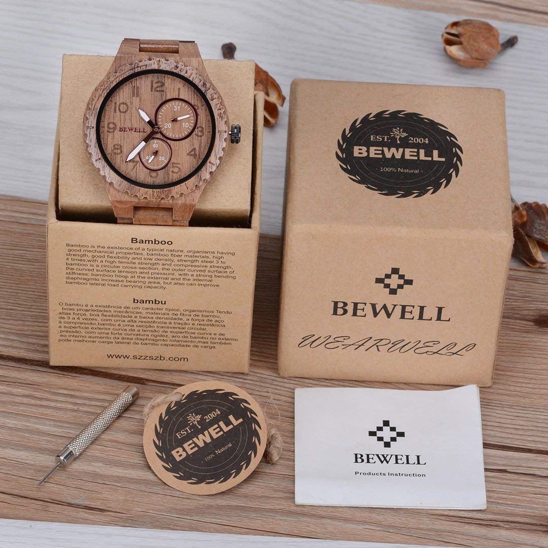 Мужские часы BEWELL Деревянные Аналоговые Японский кварцевый механизм с деревянным ремешком W154A, фото №7