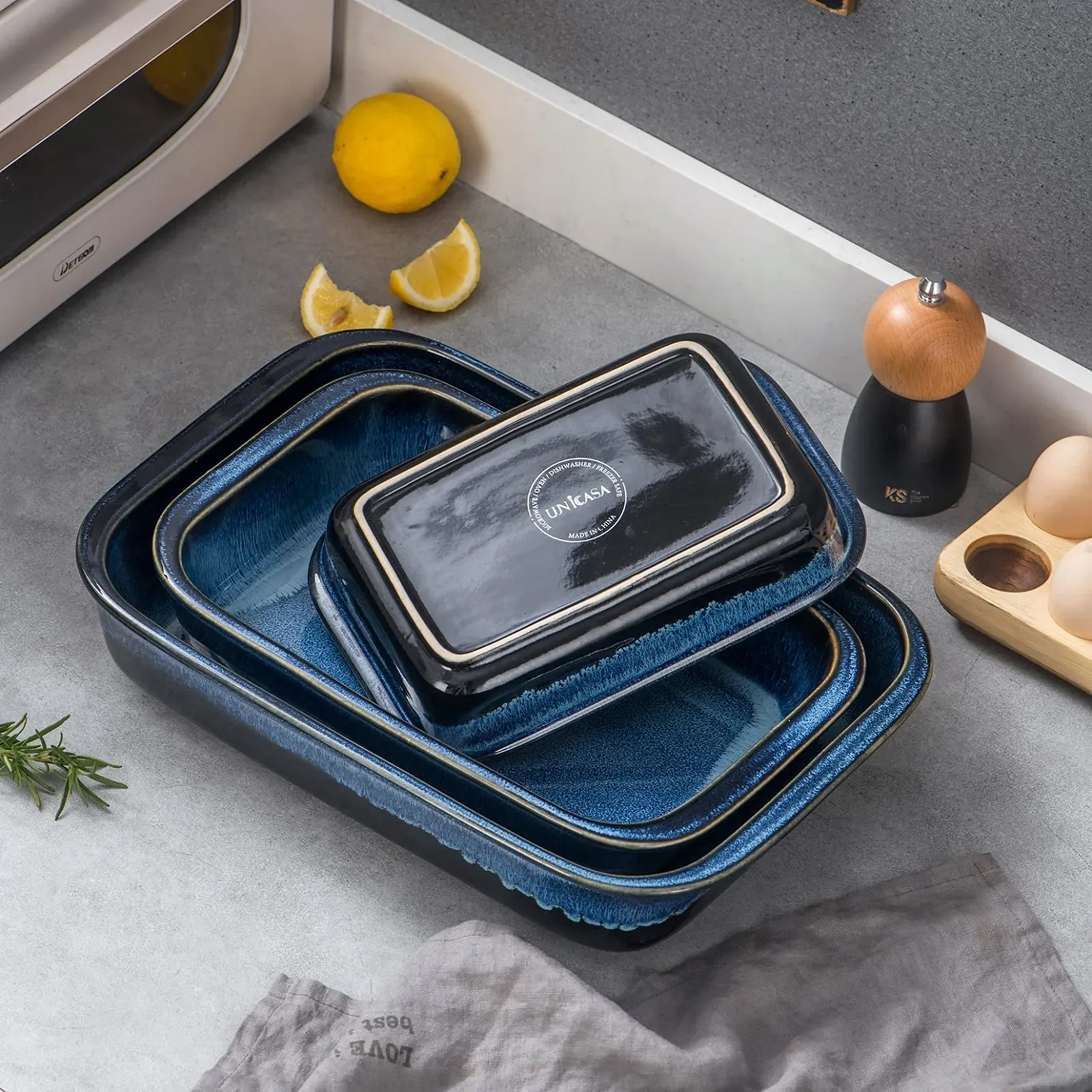 Форма для запекания UNICASA керамическая, квадратная, с ручками Синяя, фото №8 Форма для запекания UNICASA керамическая, квадратная, с ручками Синяя, фото №8