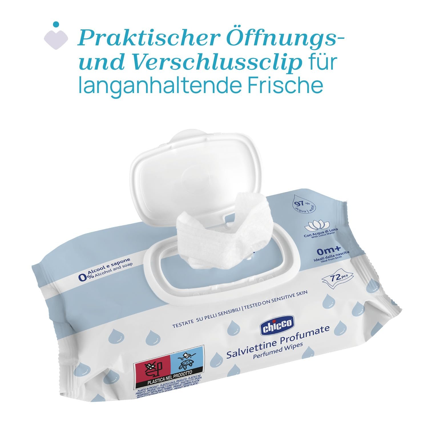 Серветки Chicco Newborn Багатоцільові, для дітей, без спирту, з запахом, для чутливої шкіри, 12 упаковок по 72 серветки (864 серветки), фото №3