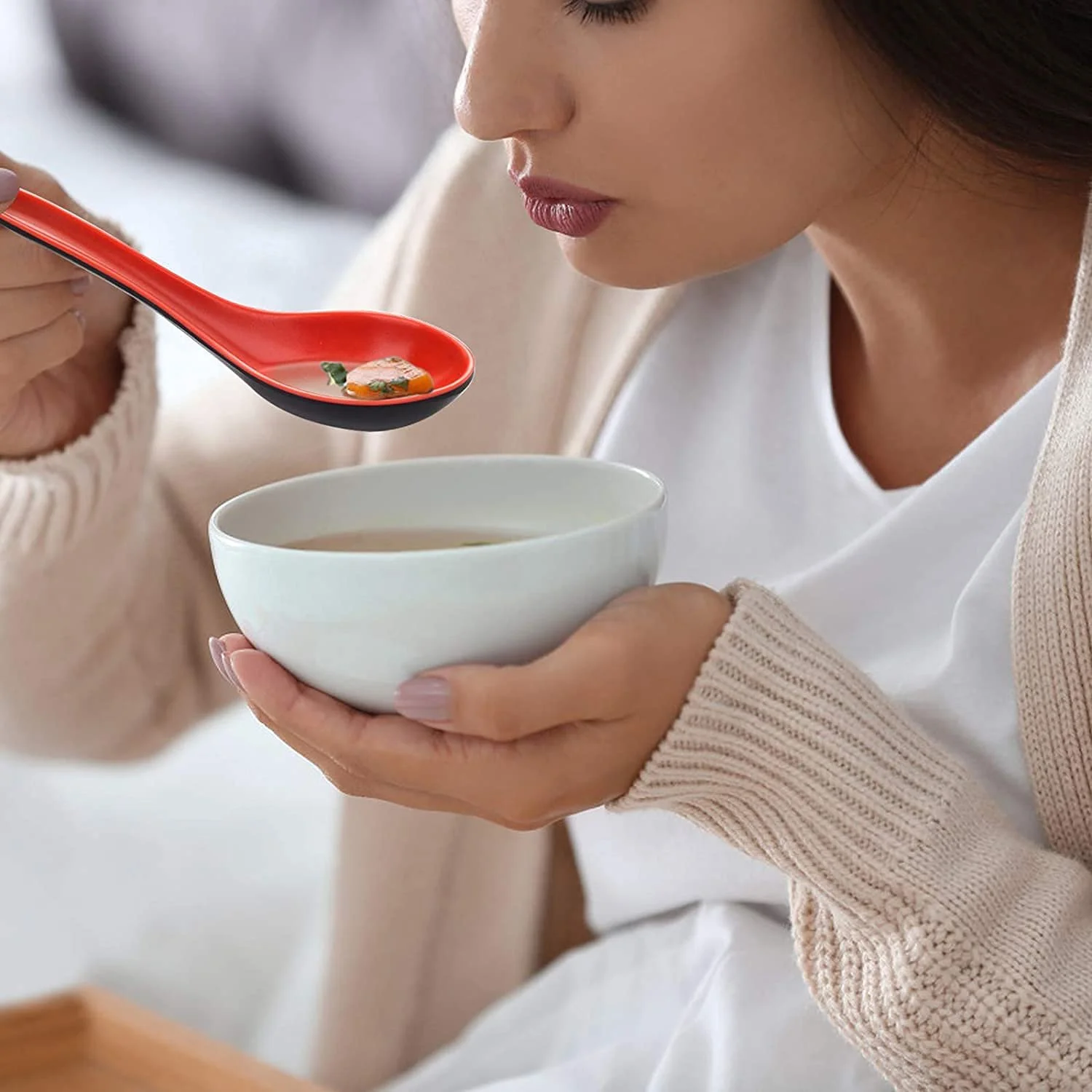 Ложка для супу вонтон пластикова азіатська 8 шт. Червона та чорна, фото №8