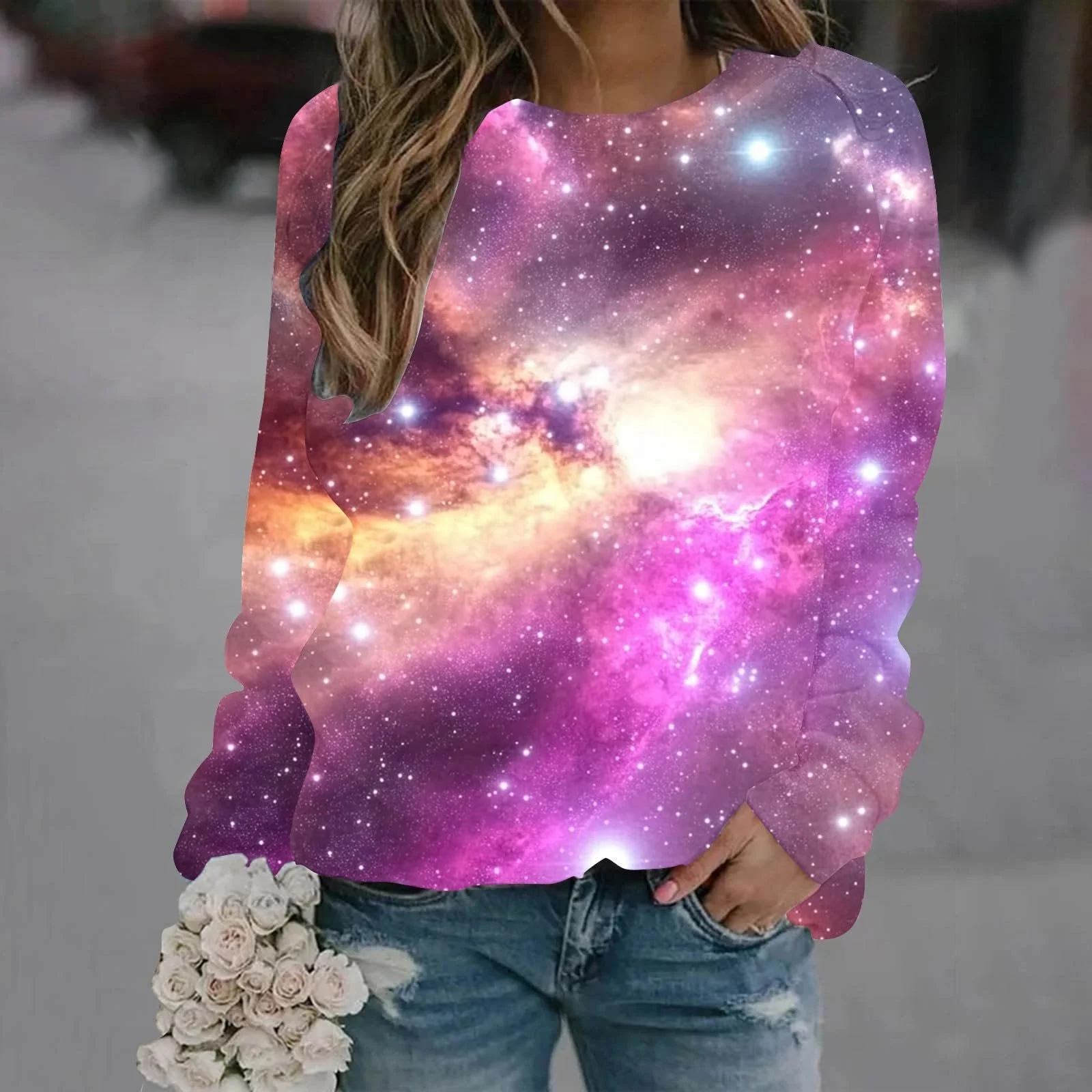 Лонгслив Komiseup Galaxy Женский с длинными рукавами, круглым вырезом, 3D-принтом галактики, модный пуловер со звездным небом, большие размеры, уличная одежда, 17, фото №2