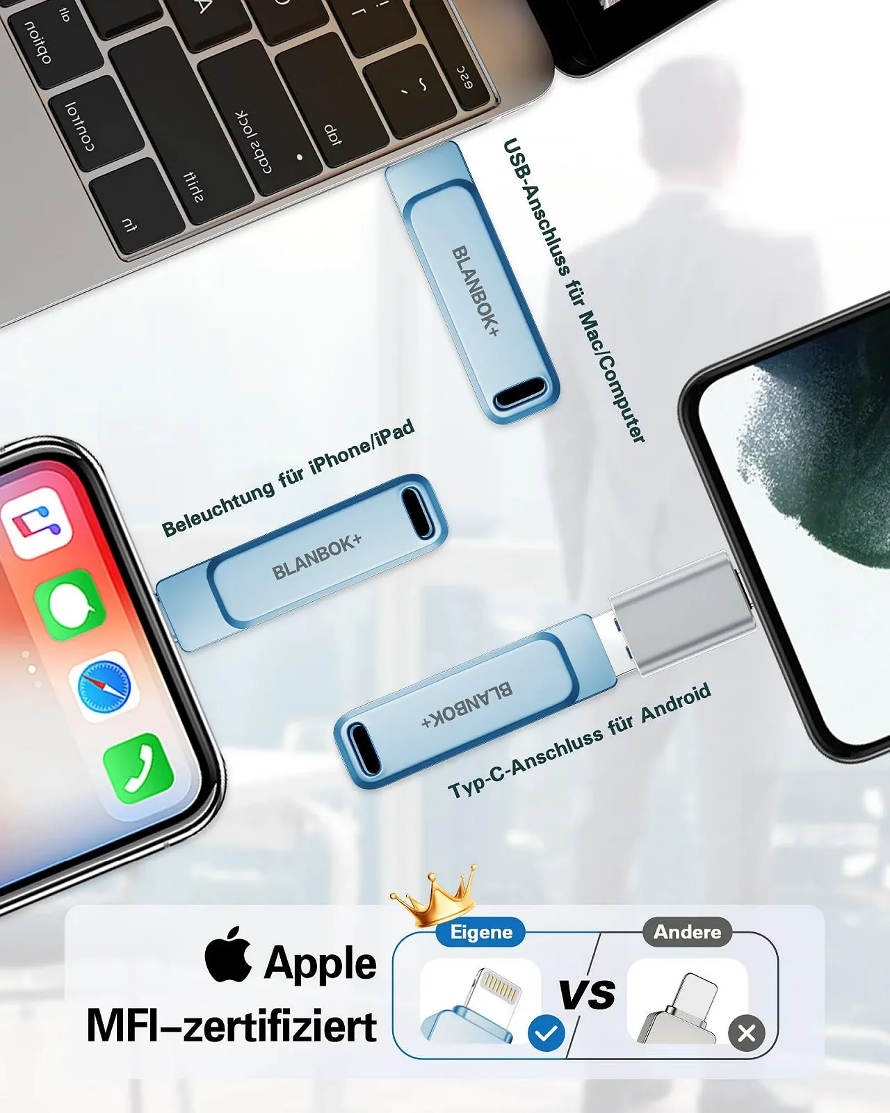 Flash Drive Apple MFi Certified 3-in-1 Lightning/USB/Type-C 256 GB Blue, фото №2 Flash Drive Apple MFi Certified 3-in-1 Lightning/USB/Type-C 256 GB Blue, фото №2