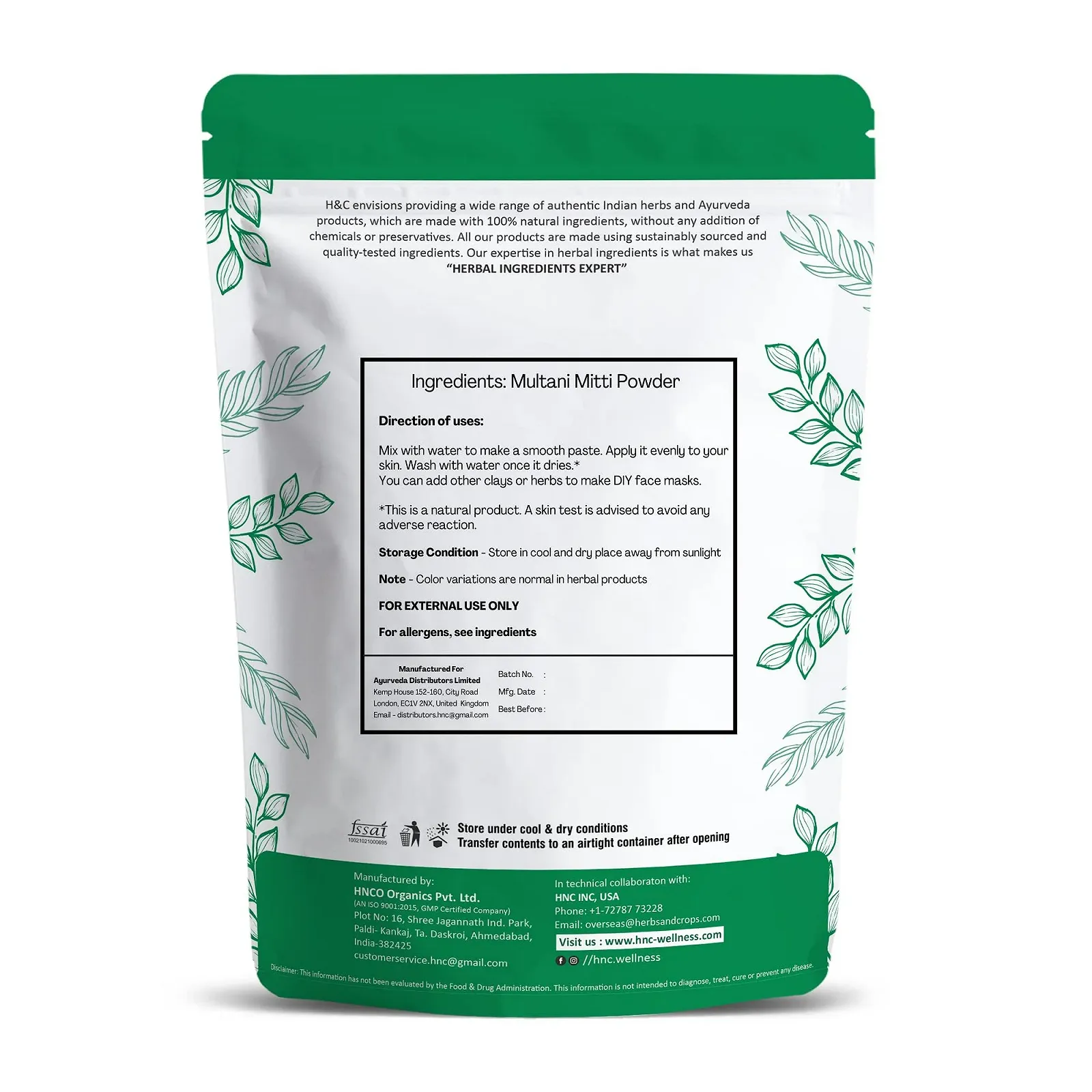 Маска для обличчя і шкіри H&C Fuller's Earth Multani Mitti Bentonite Clay 100 г, фото №2