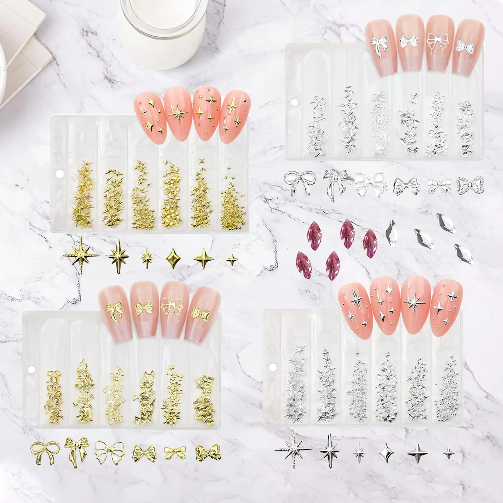 Набор украшений для ногтей 1970 шт., 3D украшения для ногтей, 3D блестящие наклейки для ногтей золотого цвета, разных форм и размеров, украшения для ногтей, DIY украшения для ногтей для женщин и девушек (Белый Розовый), фото №2