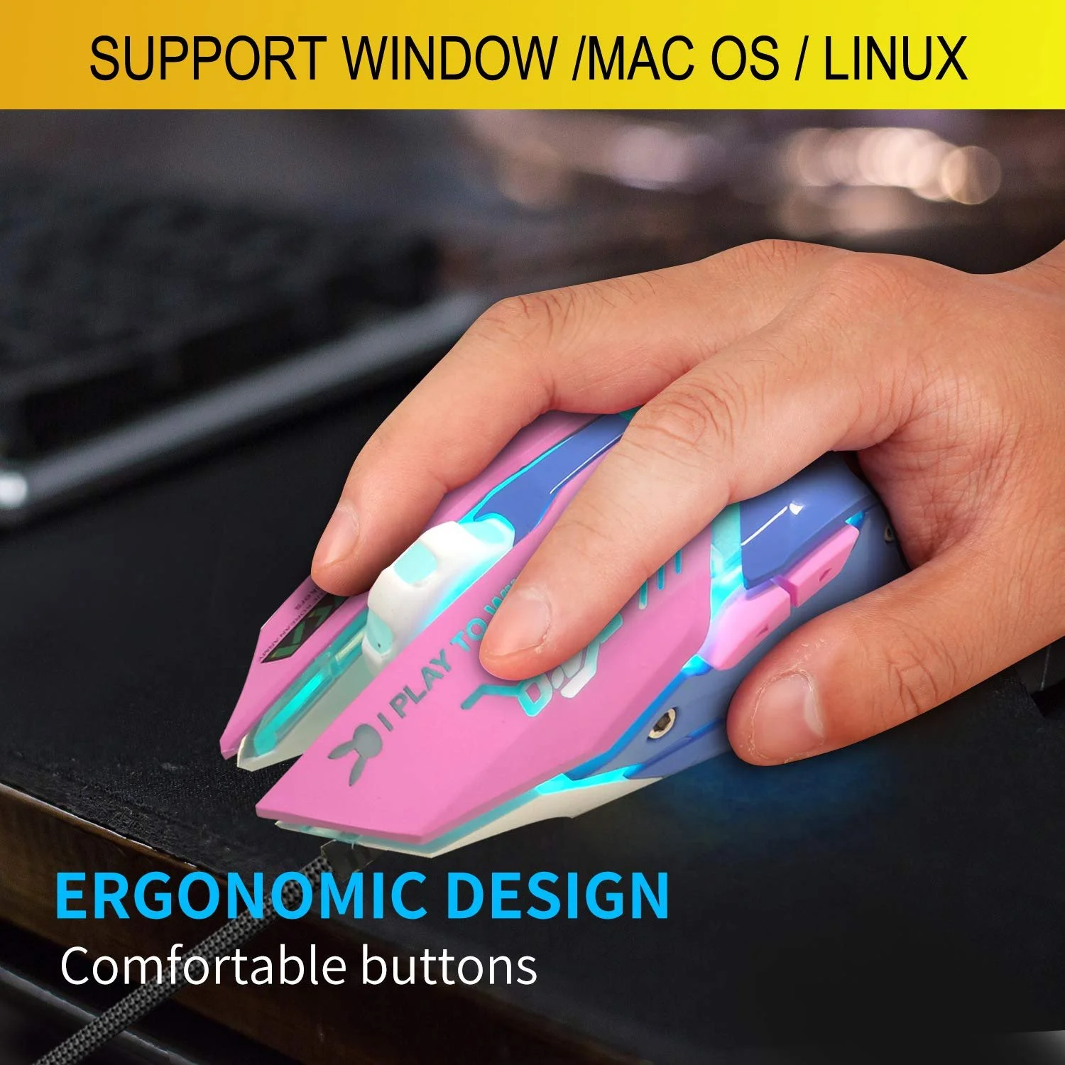 Мышь IULONEE Проводная Игровая USB Бесшумная 7 Цветов Оптическая 3200 DPI Розовая и Голубая, фото №6 Мышь IULONEE Проводная Игровая USB Бесшумная 7 Цветов Оптическая 3200 DPI Розовая и Голубая, фото №6