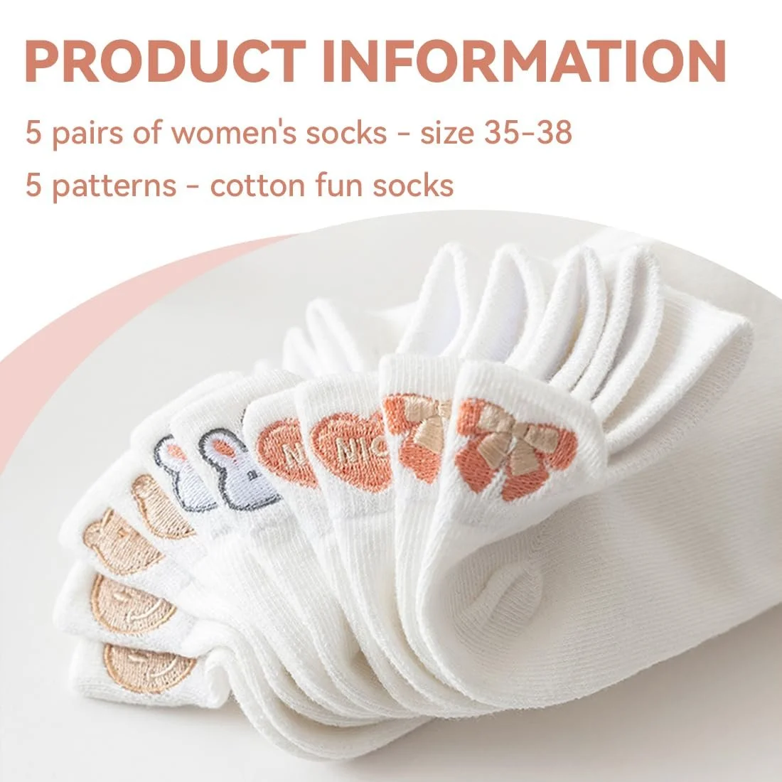 Спортивные носки Женские 35-38, 5 пар Белые носки, Хлопковые носки, Забавные носки, Носки со смайликами, для повседневного использования Спорт, Тренажеры (Сердце, Кролик, Медведь, Смайлик, Бант), фото №2 Спортивные носки Женские 35-38, 5 пар Белые носки, Хлопковые носки, Забавные носки, Носки со смайликами, для повседневного использования Спорт, Тренажеры (Сердце, Кролик, Медведь, Смайлик, Бант), фото №2