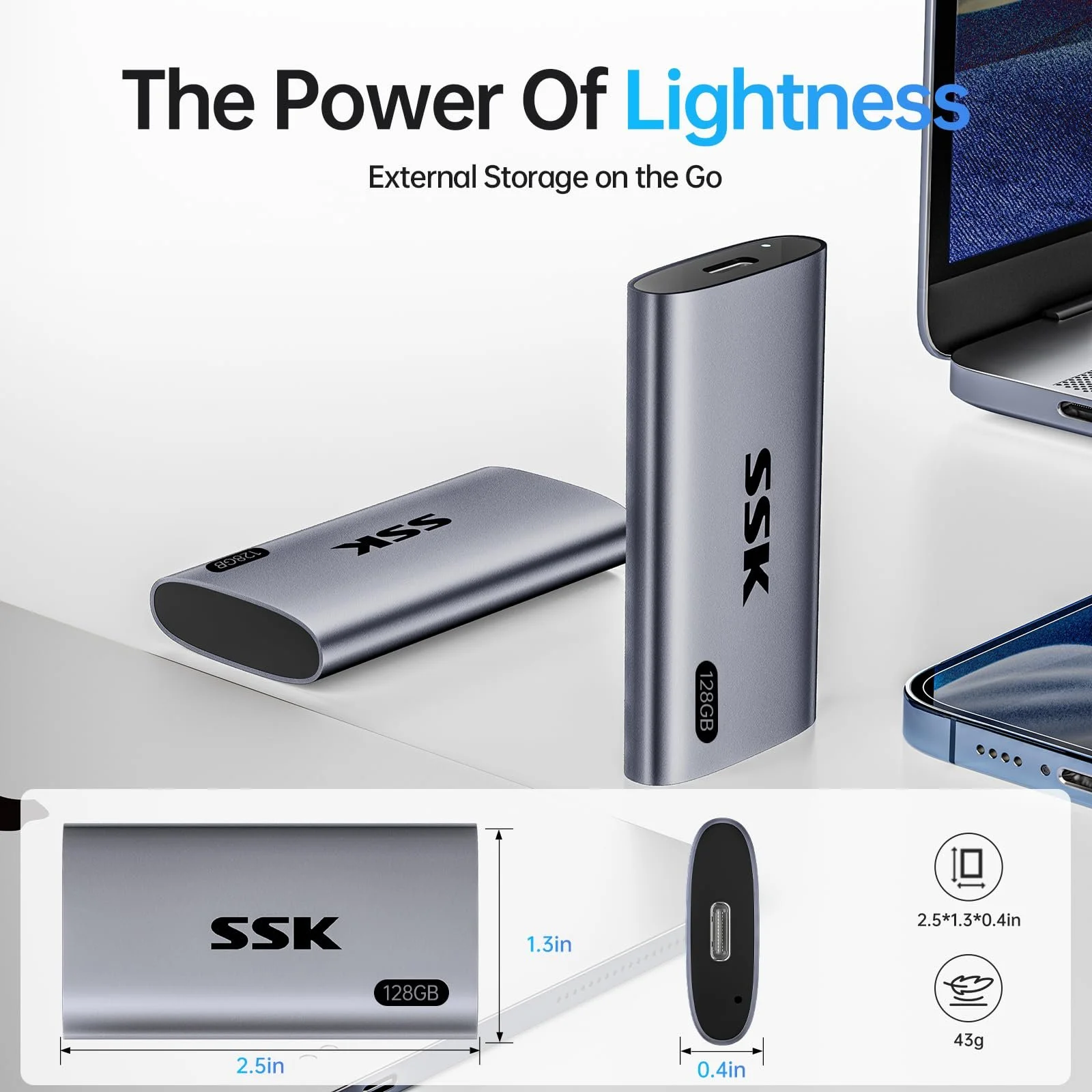 Portable SSD SSK 128GB USB 3.2 Gen2 USB C&A, фото №7