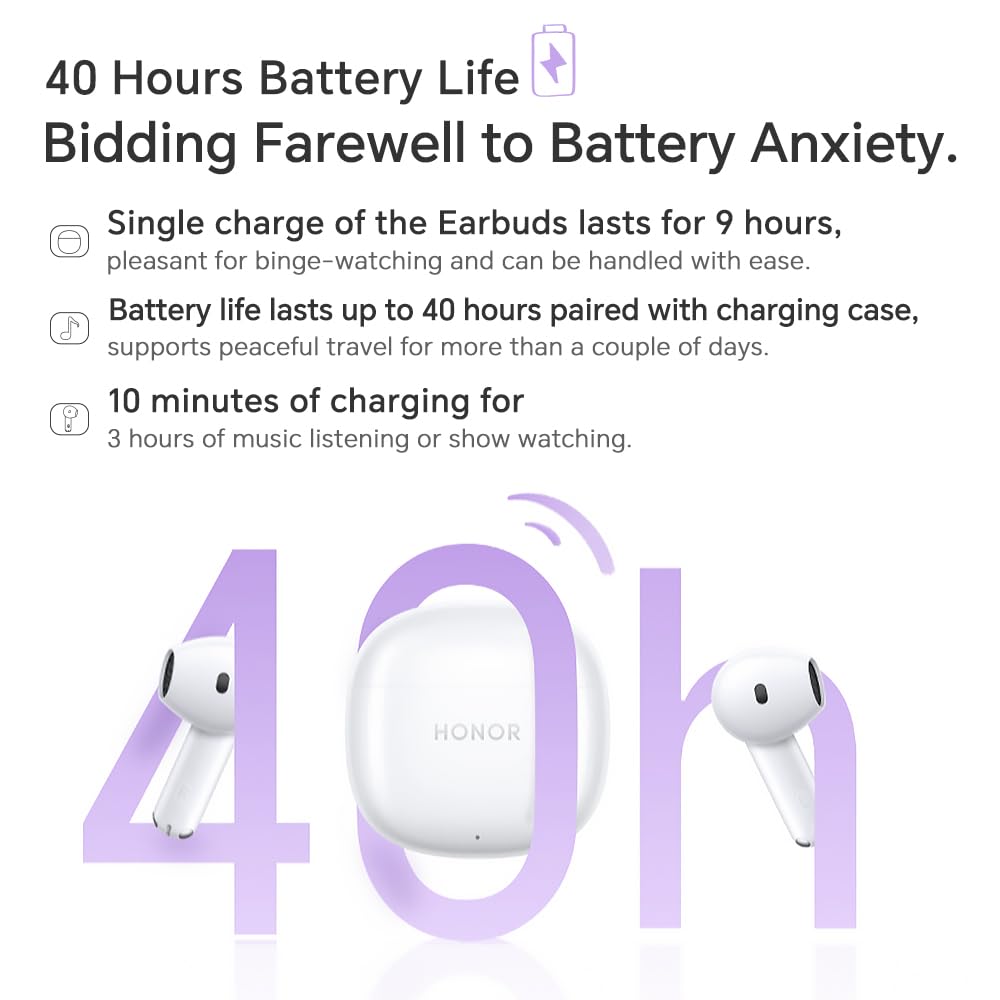 Вкладыши HONOR Earbuds X6 10 мм Динамический Драйвер HiFi5 DSP Декодирование 40 часов Работы Батареи ИИ Шумоподавление Bluetooth 5.3 IP54 Белый, фото №4