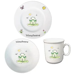 Детский Набор Посуды Персонализированный 3 предмета Фарфоровая Тарелка Кружка Миска Лягушка - Фото 1