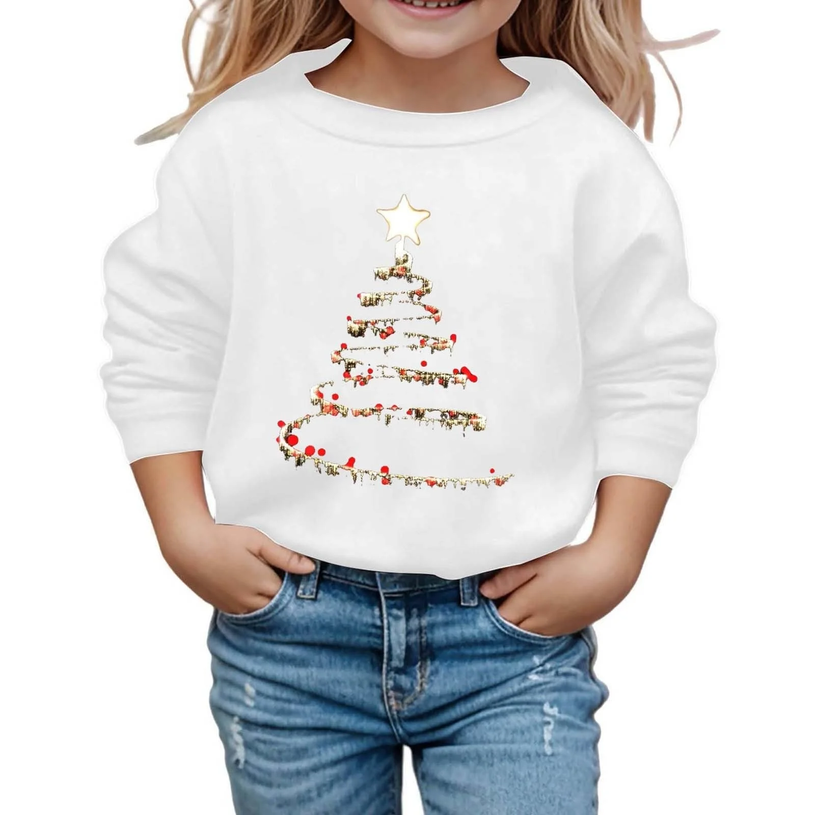 Детский рождественский джемпер Sfwqoifou, теплая рождественская рубашка с принтом для девочек, зимний свитер с длинными рукавами, детский рождественский вязаный джемпер, топы, круглый вырез горловины, смешной рождественский джемпер, фото №1