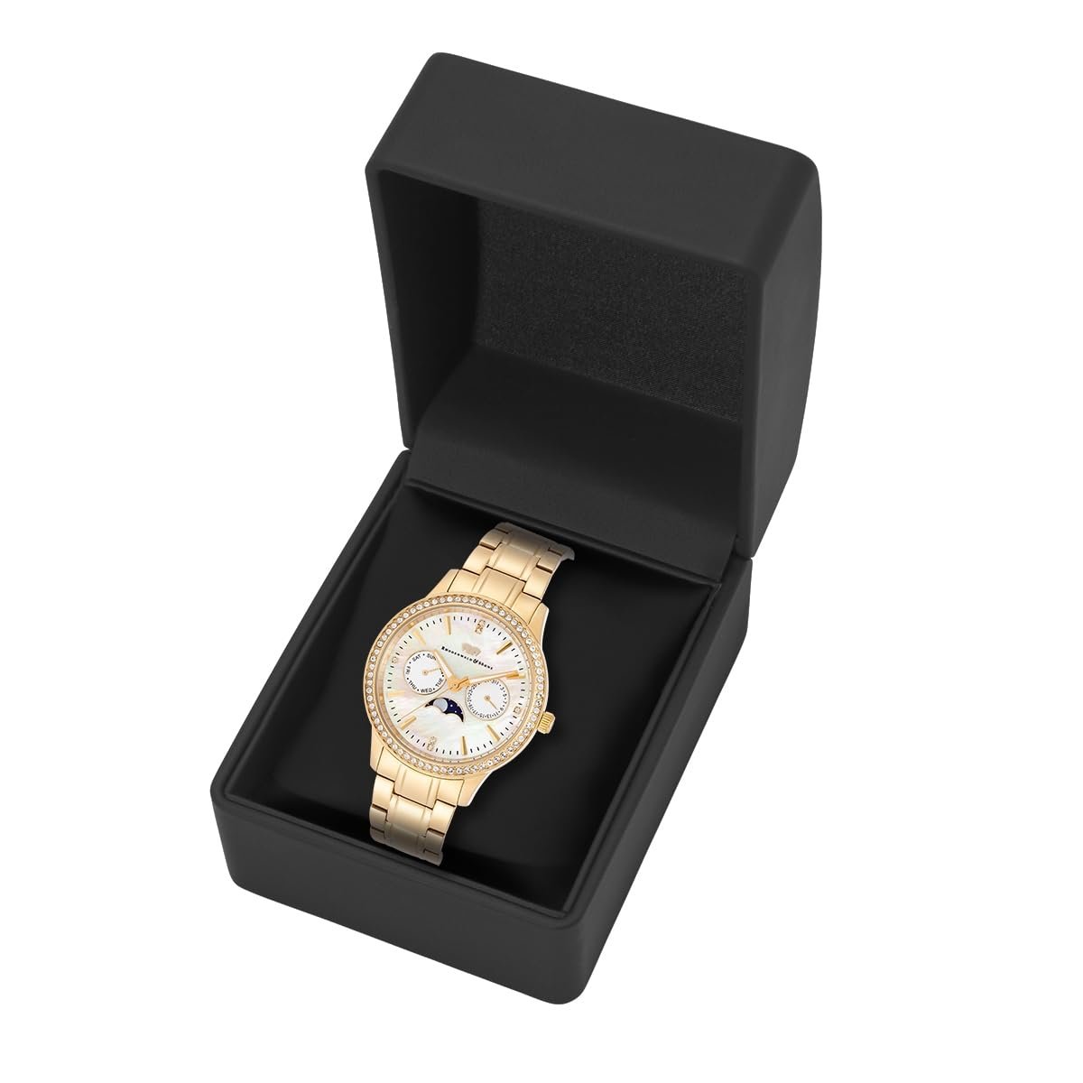 Женские часы Rhodenwald & Söhne Кварцевые Аналоговые Многофункциональные 10010438 С браслетом из нержавеющей стали Желтое Золото Украшенные кристаллами, золотистый, Без мотива, фото №7