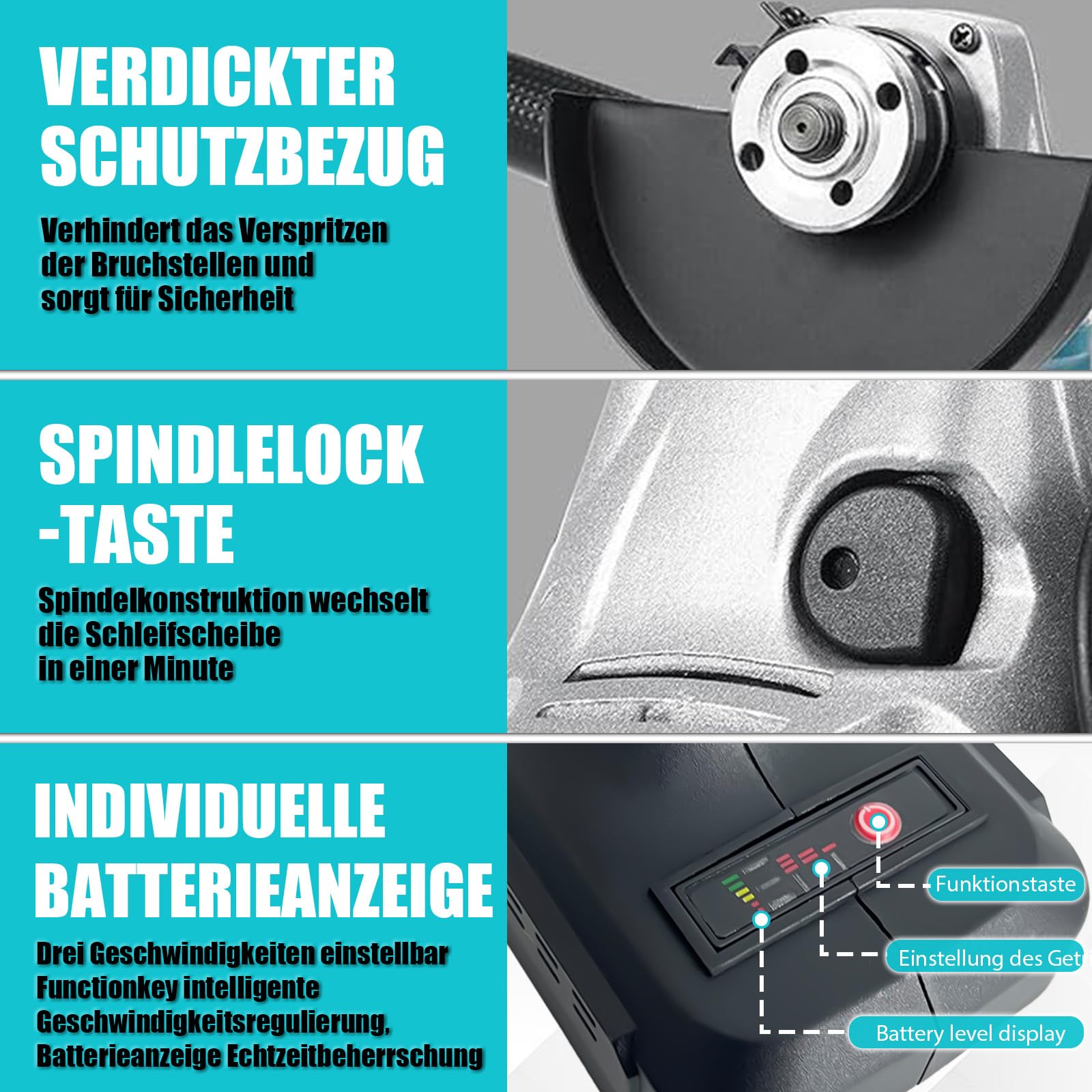 Акумуляторна кутова шліфувальна машина Replacement для Makita 125 мм з 2 x 5.5Ah акумулятором і зарядним пристроєм, фото №6
